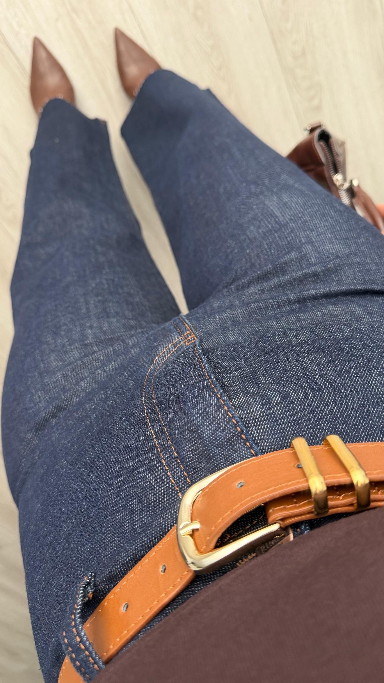 Lacivert Kemerli Likralı Straight Jean