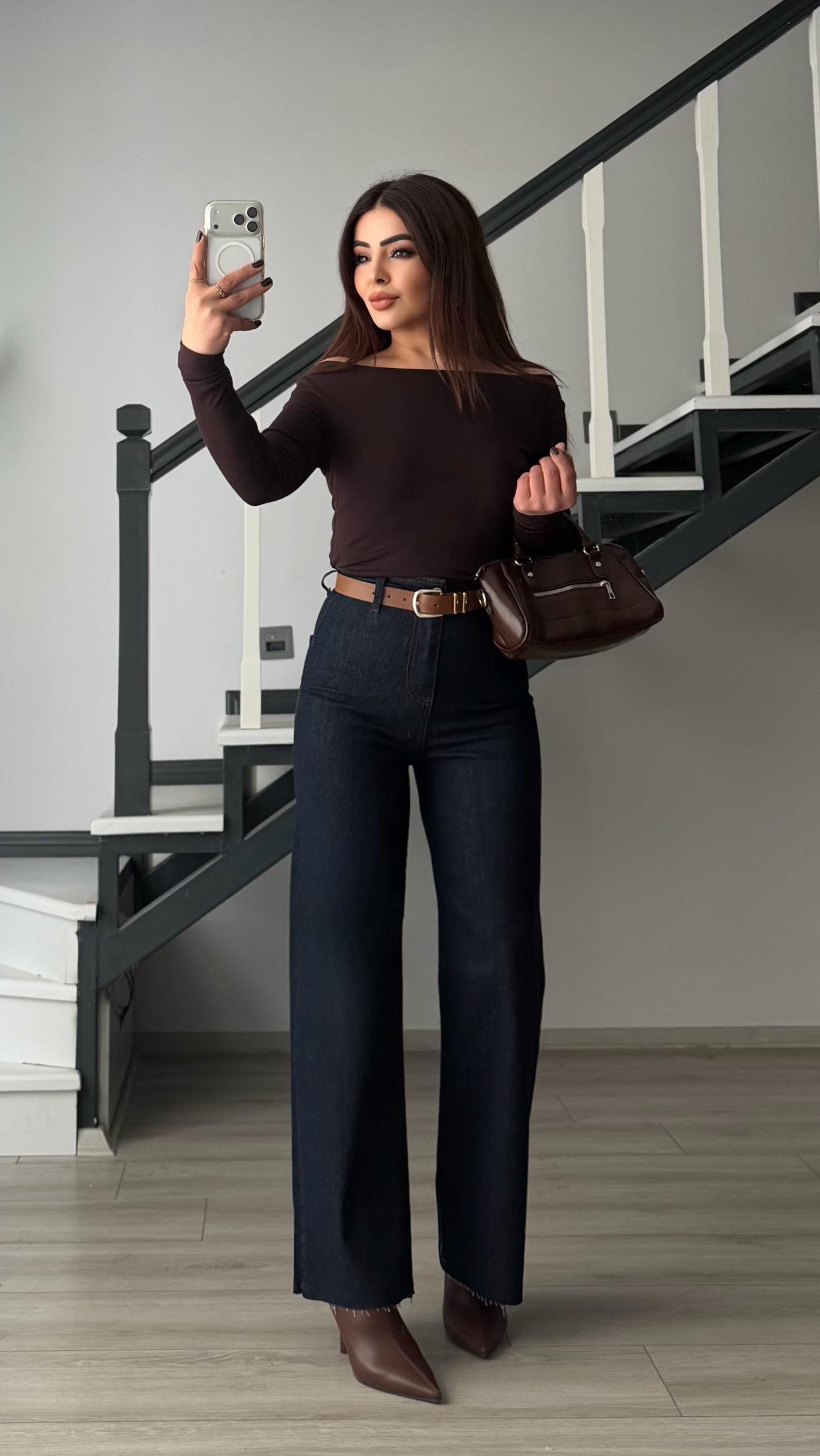 Lacivert Kemerli Likralı Straight Jean