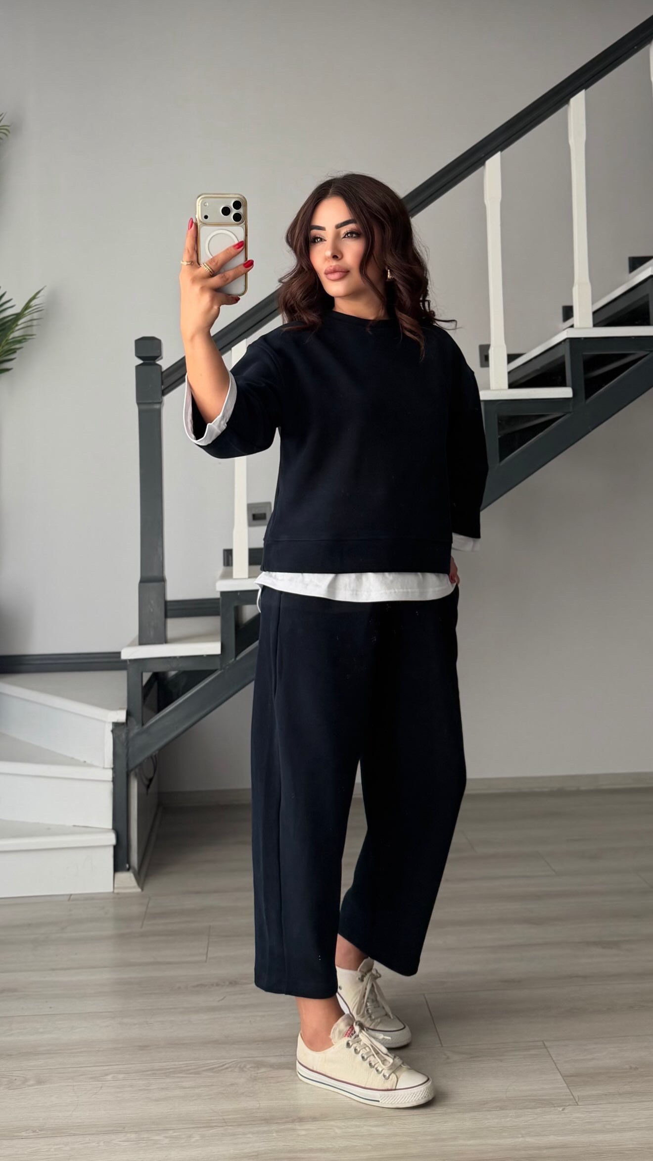 Navy Blue Contrast T-Shirt Detailed Knit Set
