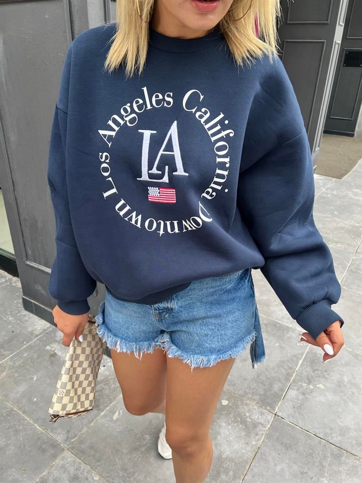 Lacivert LA Baskılı Sweatshirt