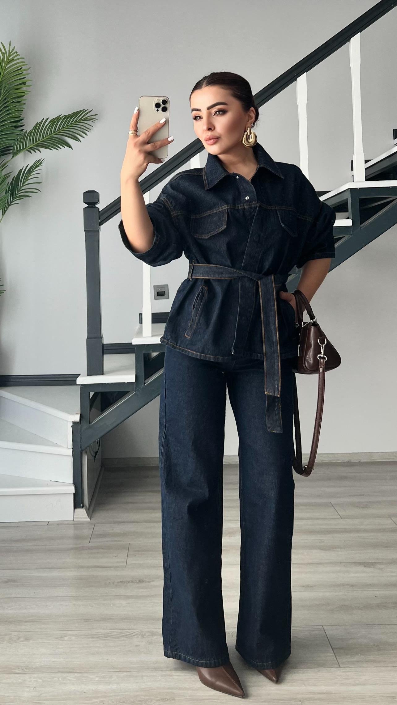 Lacivert Marka Model Belden Bağlamalı Denim Takım