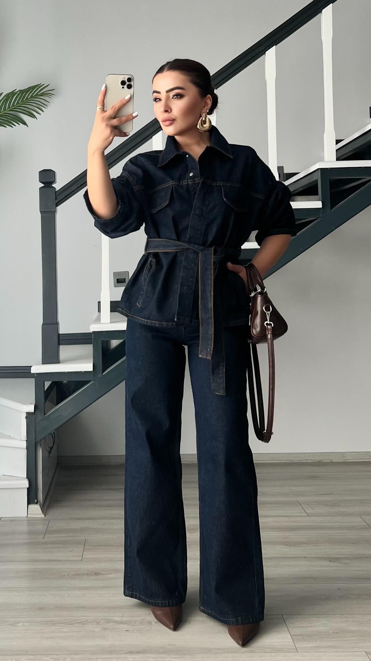 Lacivert Marka Model Belden Bağlamalı Denim Takım