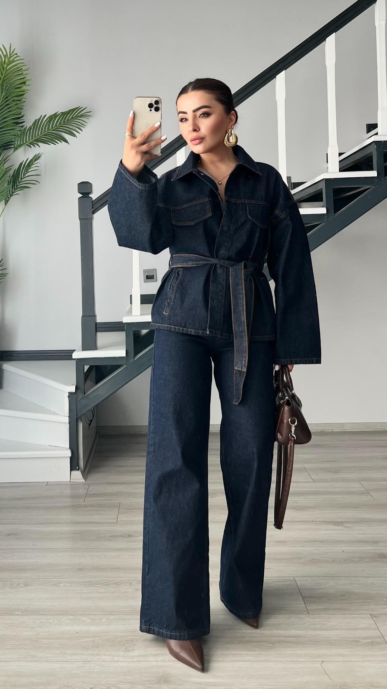 Lacivert Marka Model Belden Bağlamalı Denim Takım