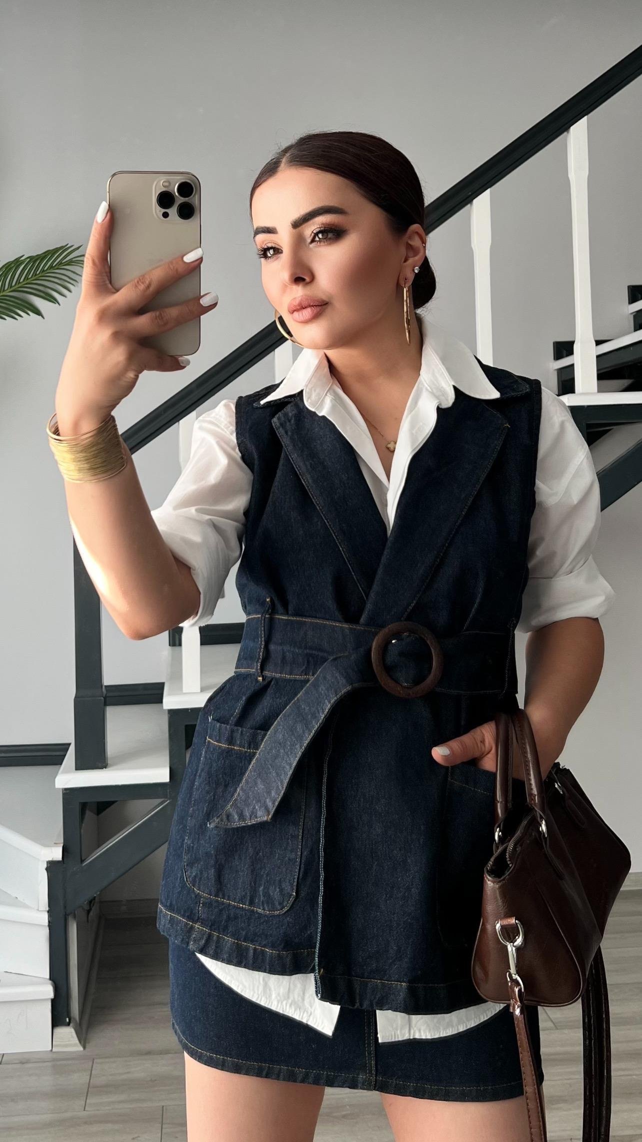 Lacivert Marka Model Kemerli Denim Yelek