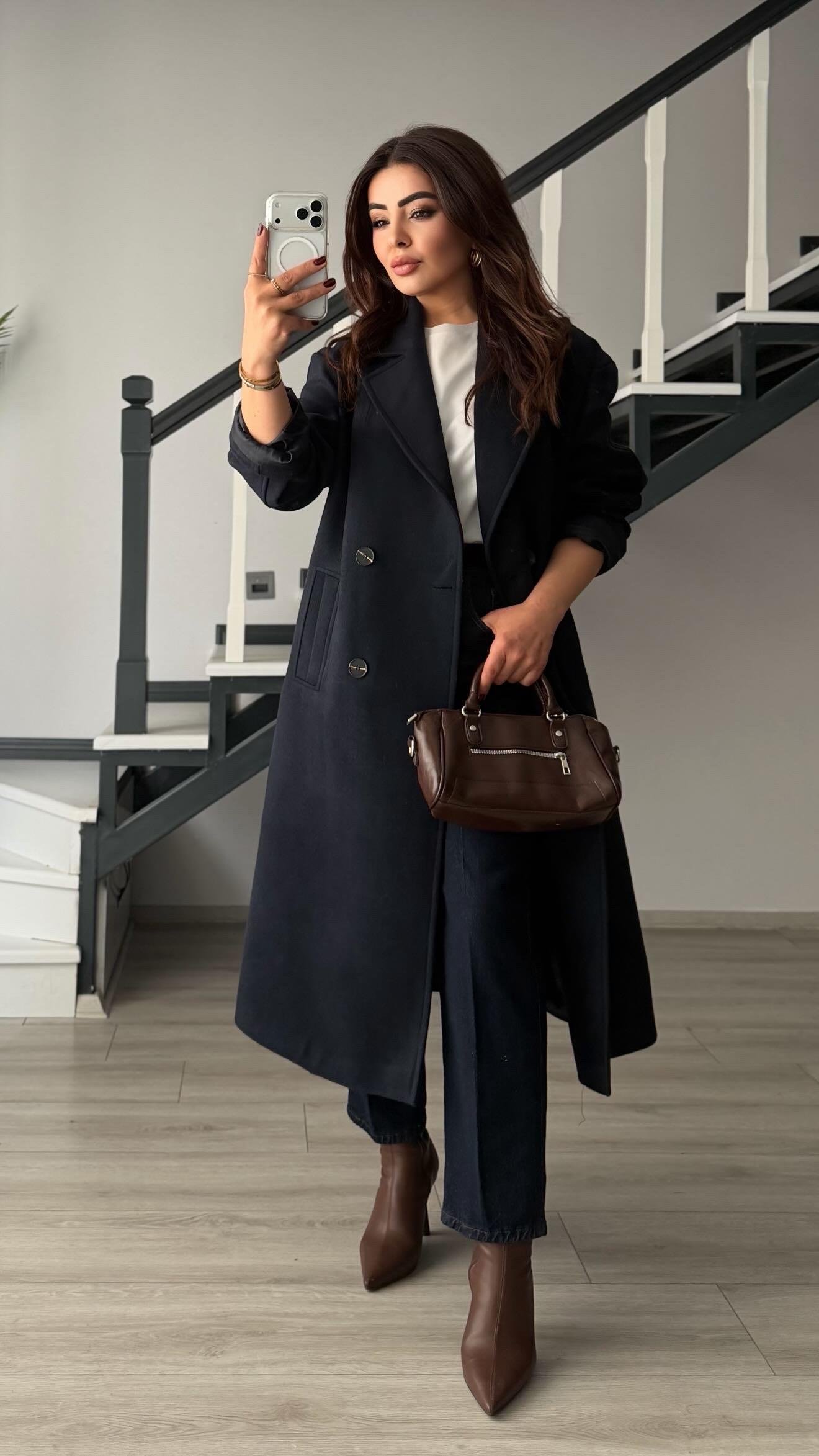 Lacivert Oversize Kaşe Kaban