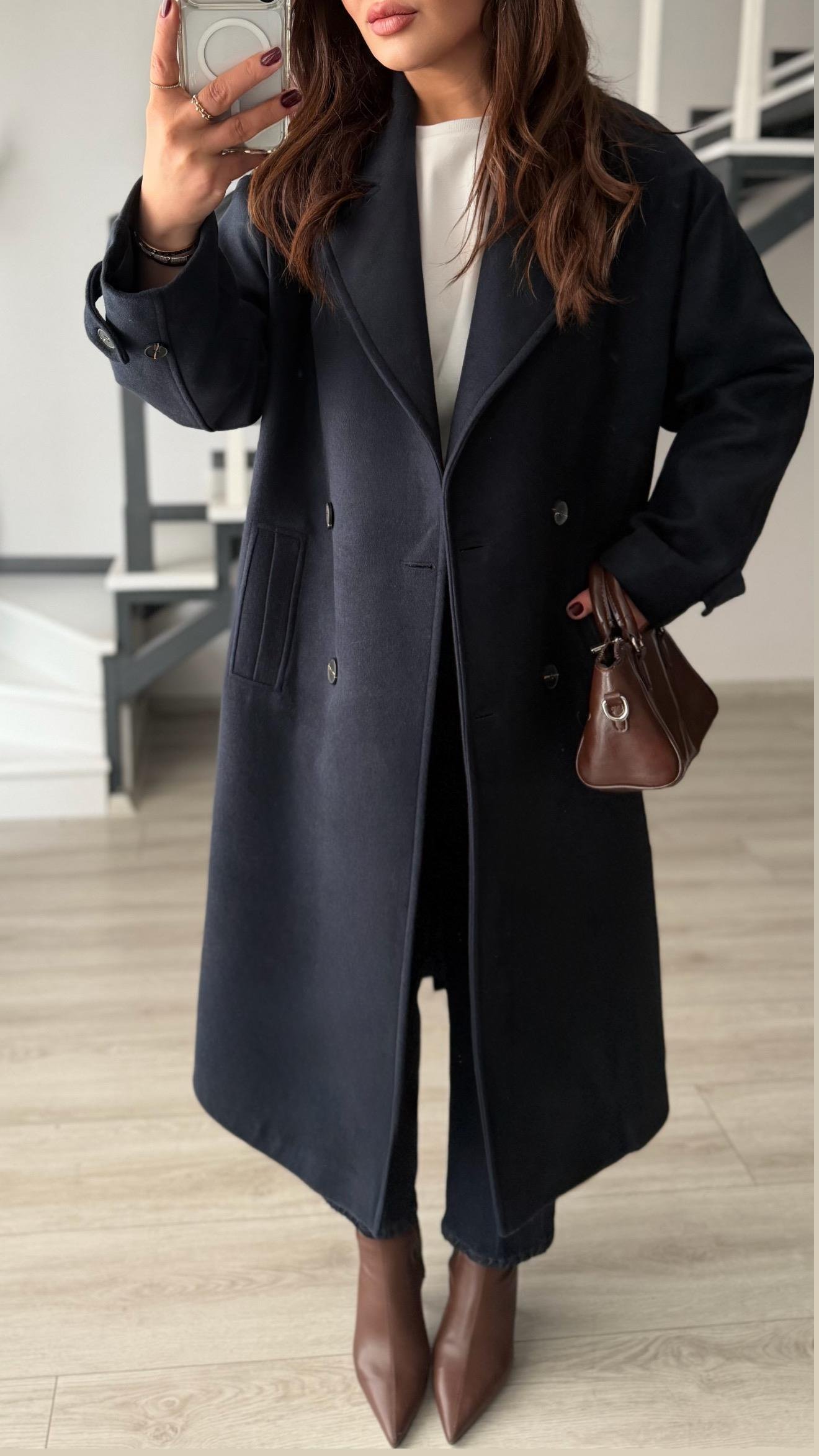 Lacivert Oversize Kaşe Kaban