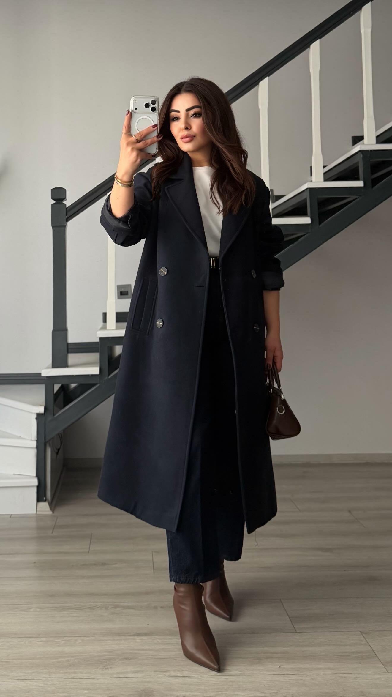 Lacivert Oversize Kaşe Kaban
