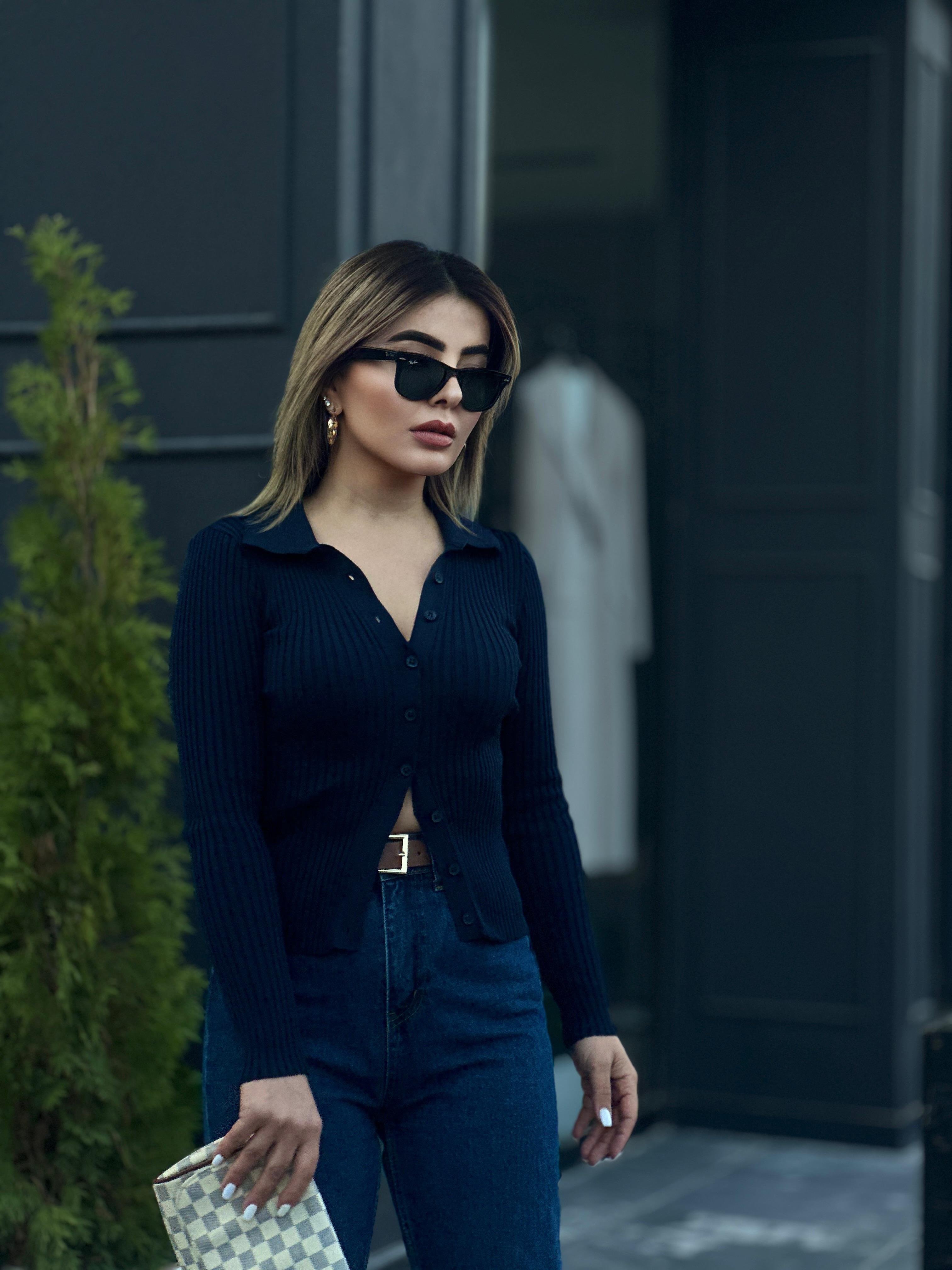 Lacivert Polo Yaka Çelik Örme Düğmeli Triko Bluz