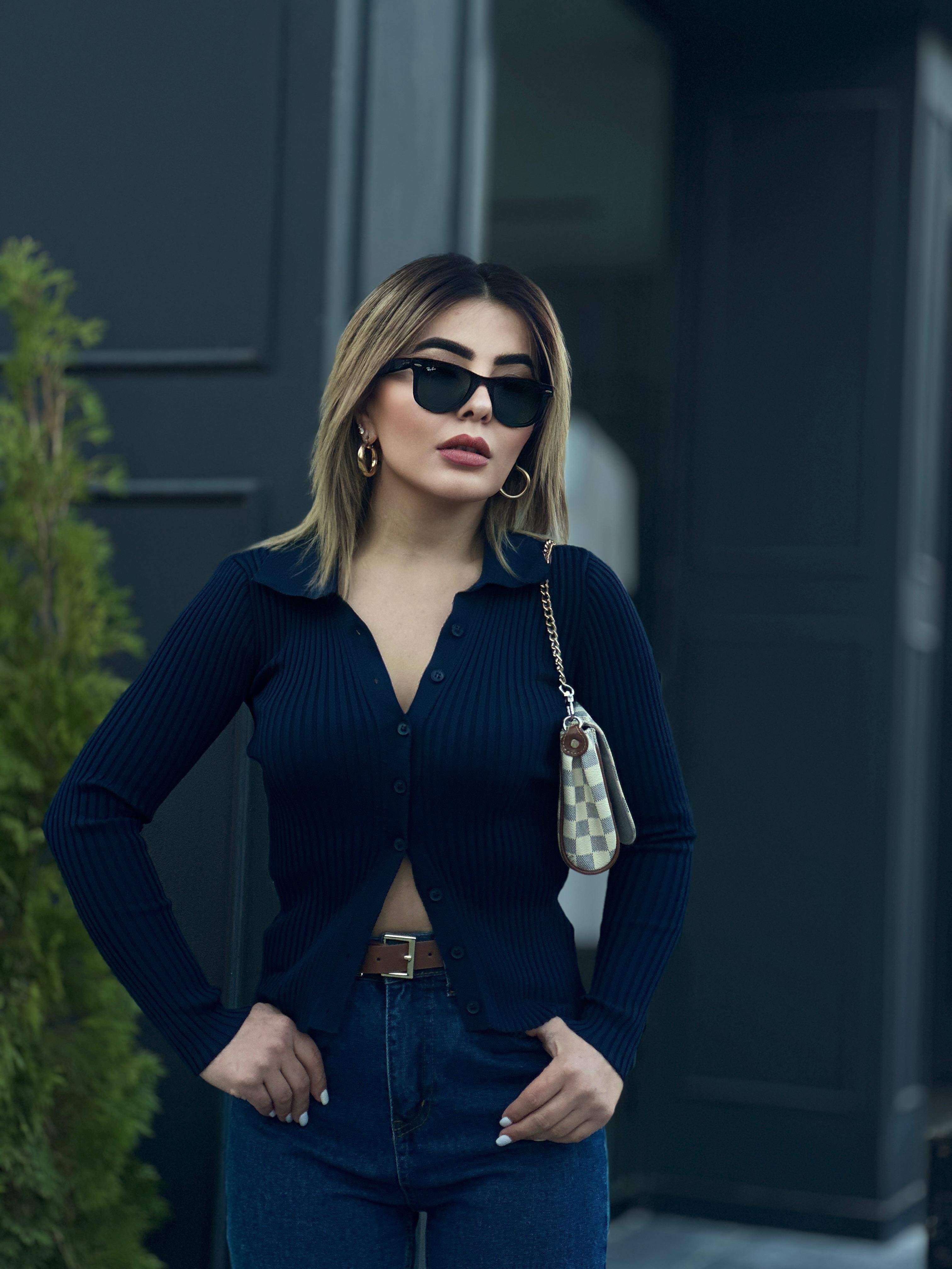 Lacivert Polo Yaka Çelik Örme Düğmeli Triko Bluz