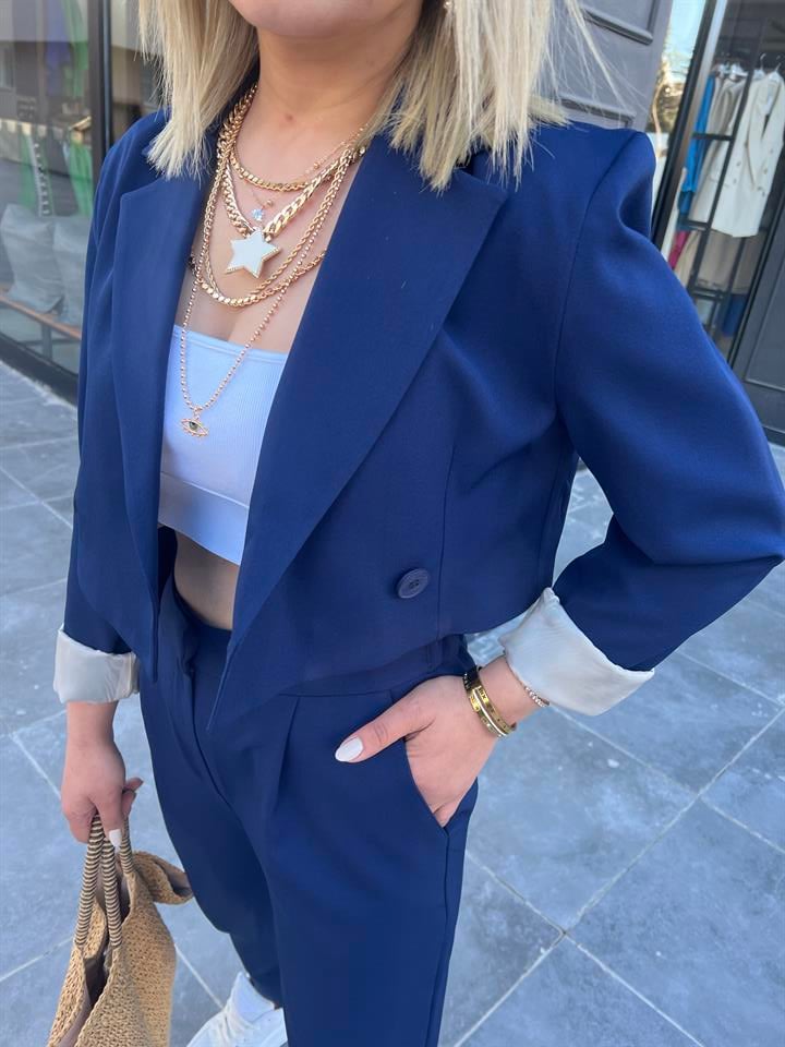 Lacivert Tek Düğmeli Crop Ceket