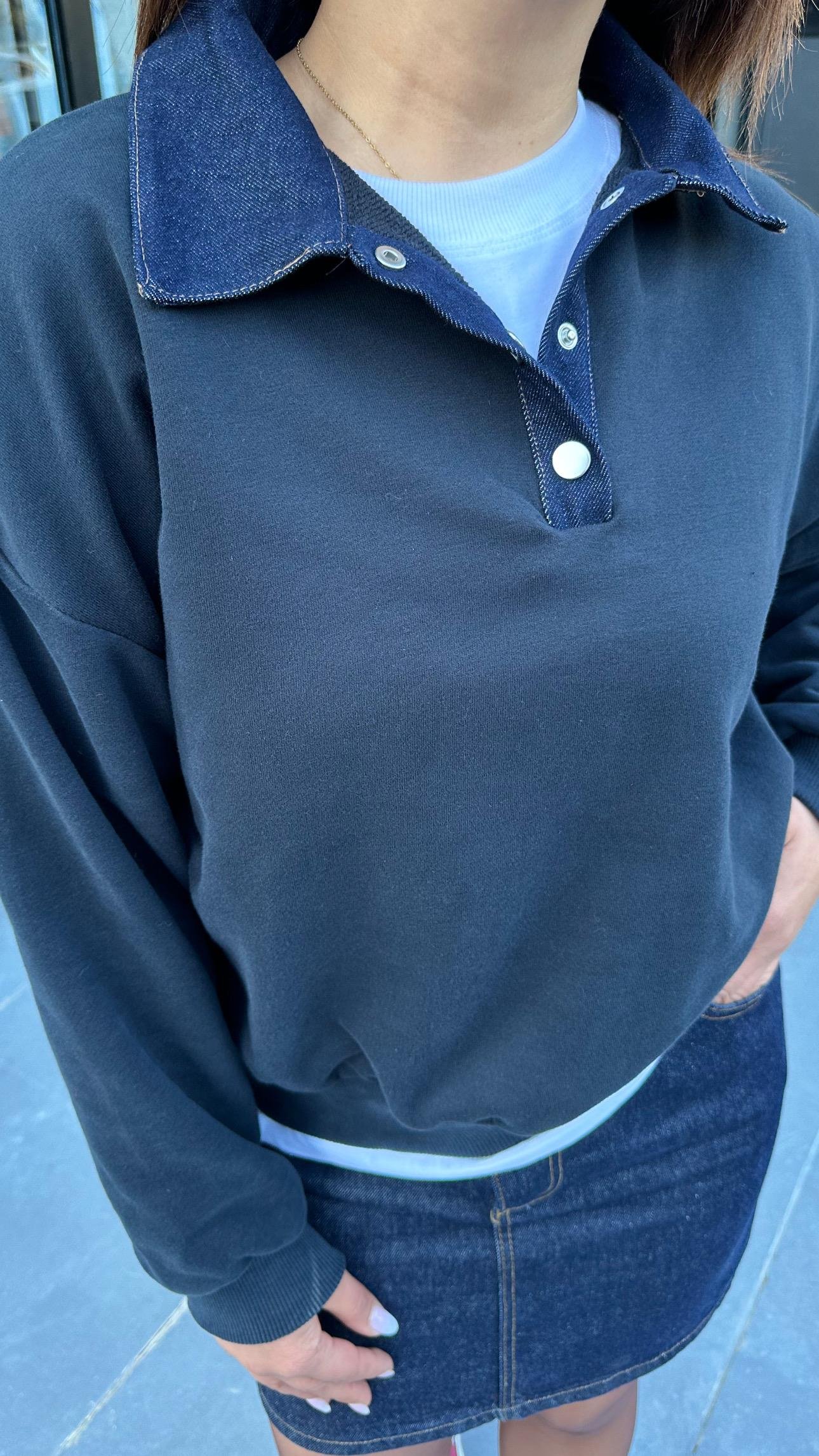 Lacivert Yakası Garnili Sweatshirt