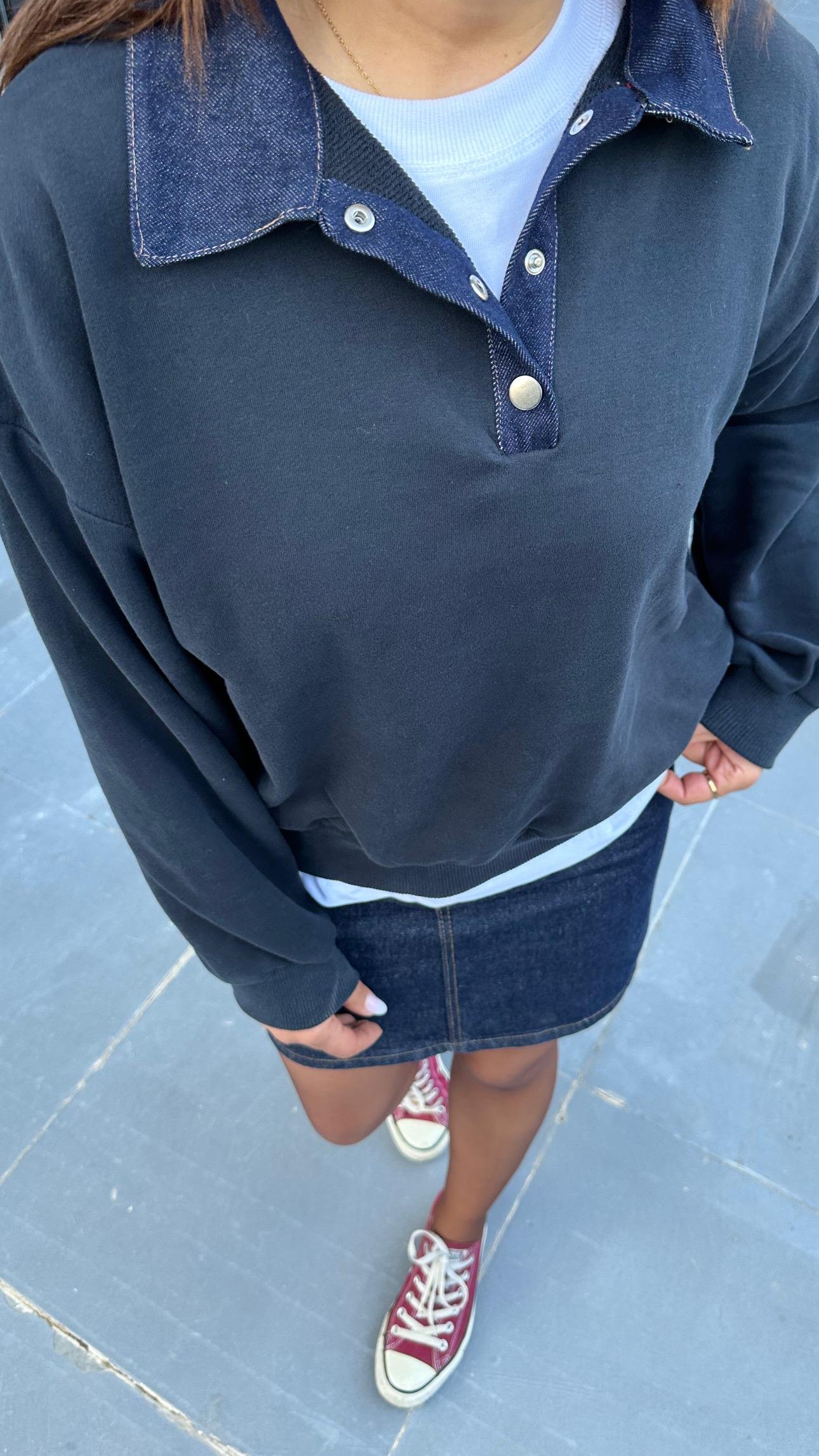 Lacivert Yakası Garnili Sweatshirt