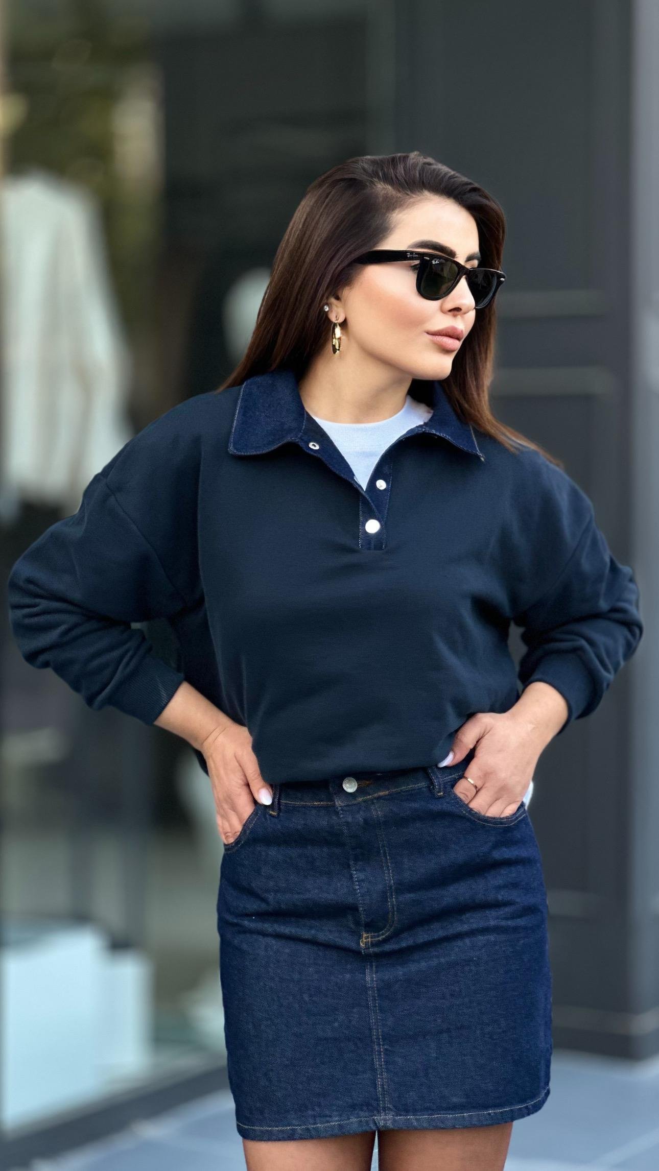 Lacivert Yakası Garnili Sweatshirt