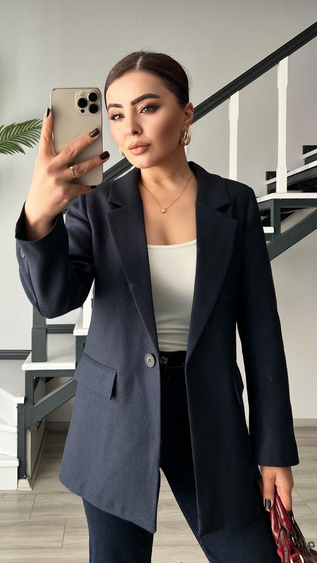 Lacivert Yün Effect Blazer Ceket