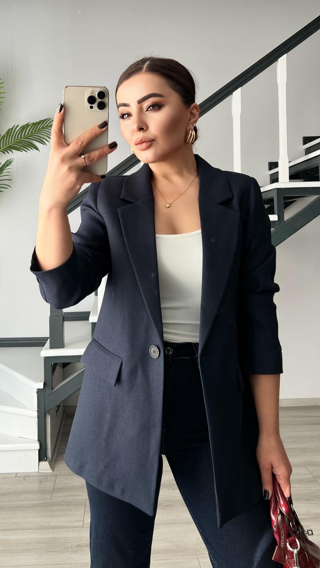 Lacivert Yün Effect Blazer Ceket