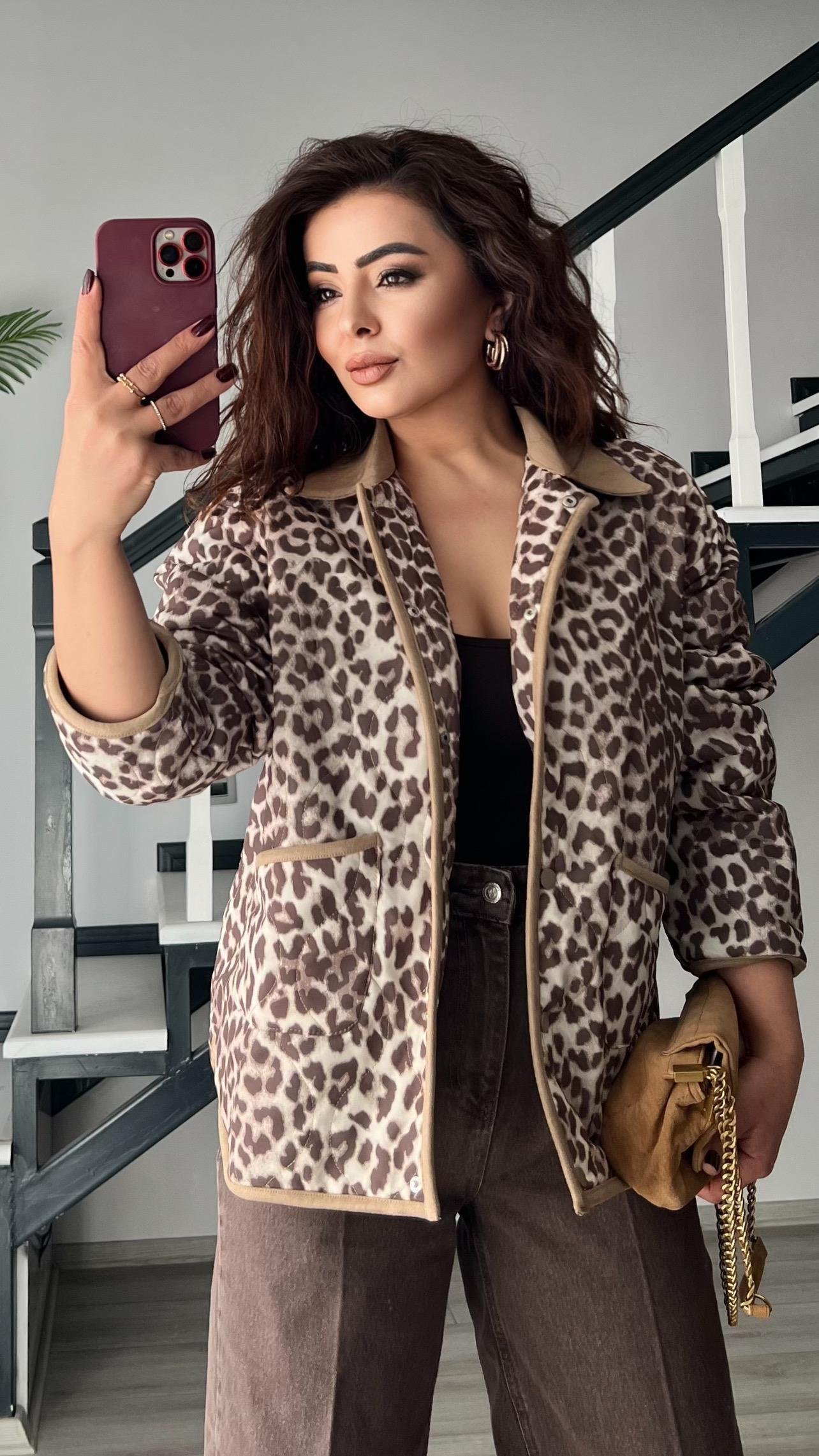 Leopar Desen Kapitone Astarlı Ceket