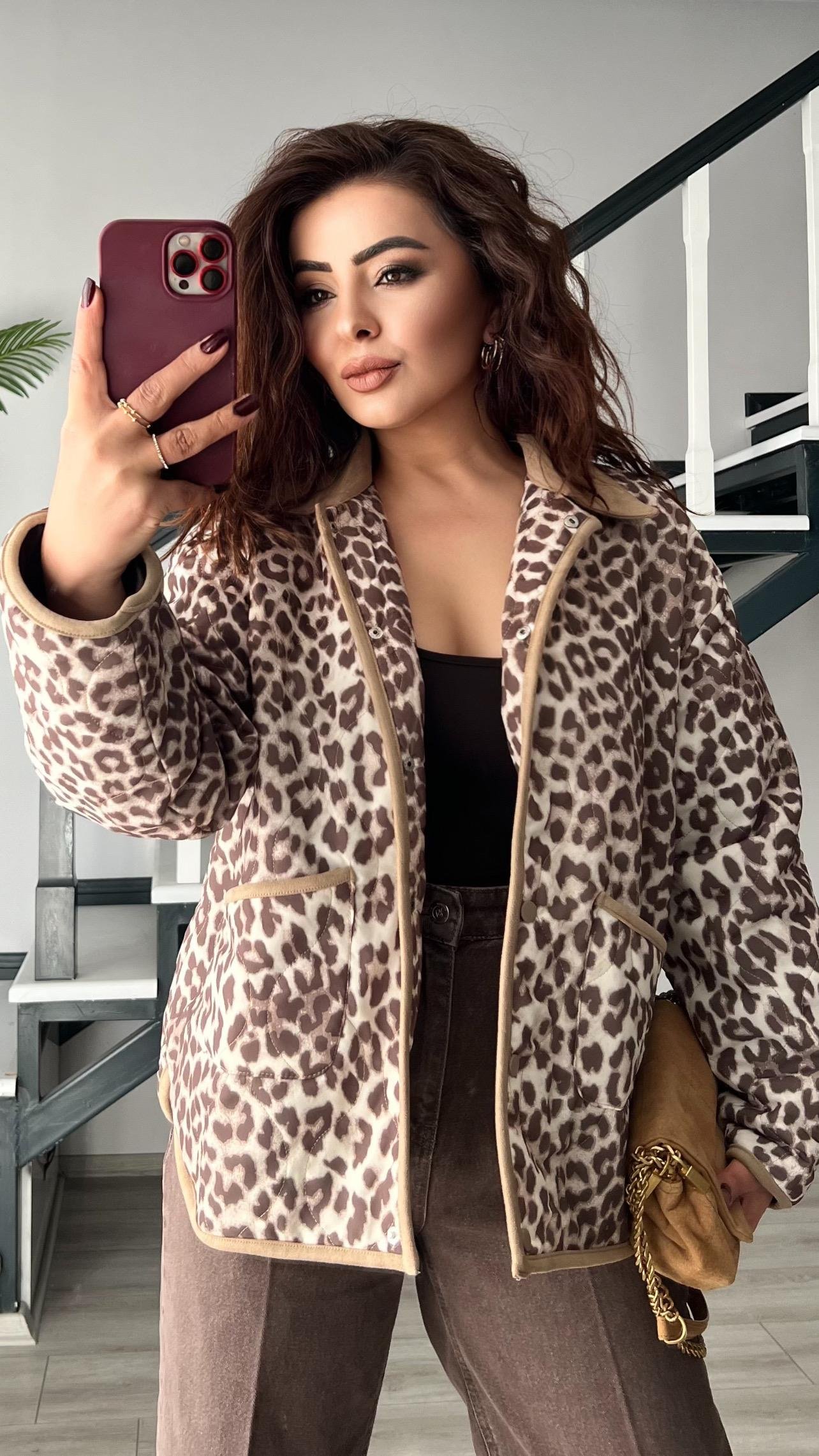 Leopar Desen Kapitone Astarlı Ceket