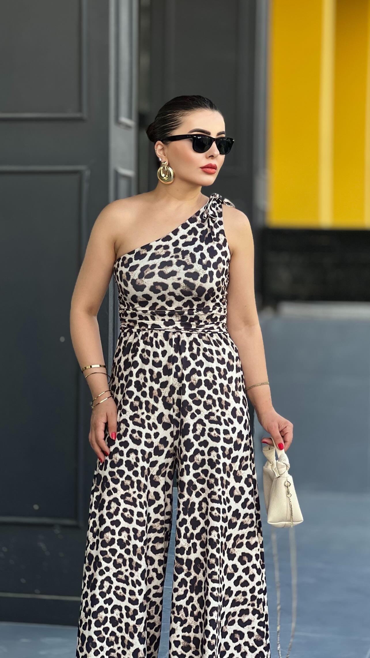 Leopar Desenli Tek Omuz Tulum 