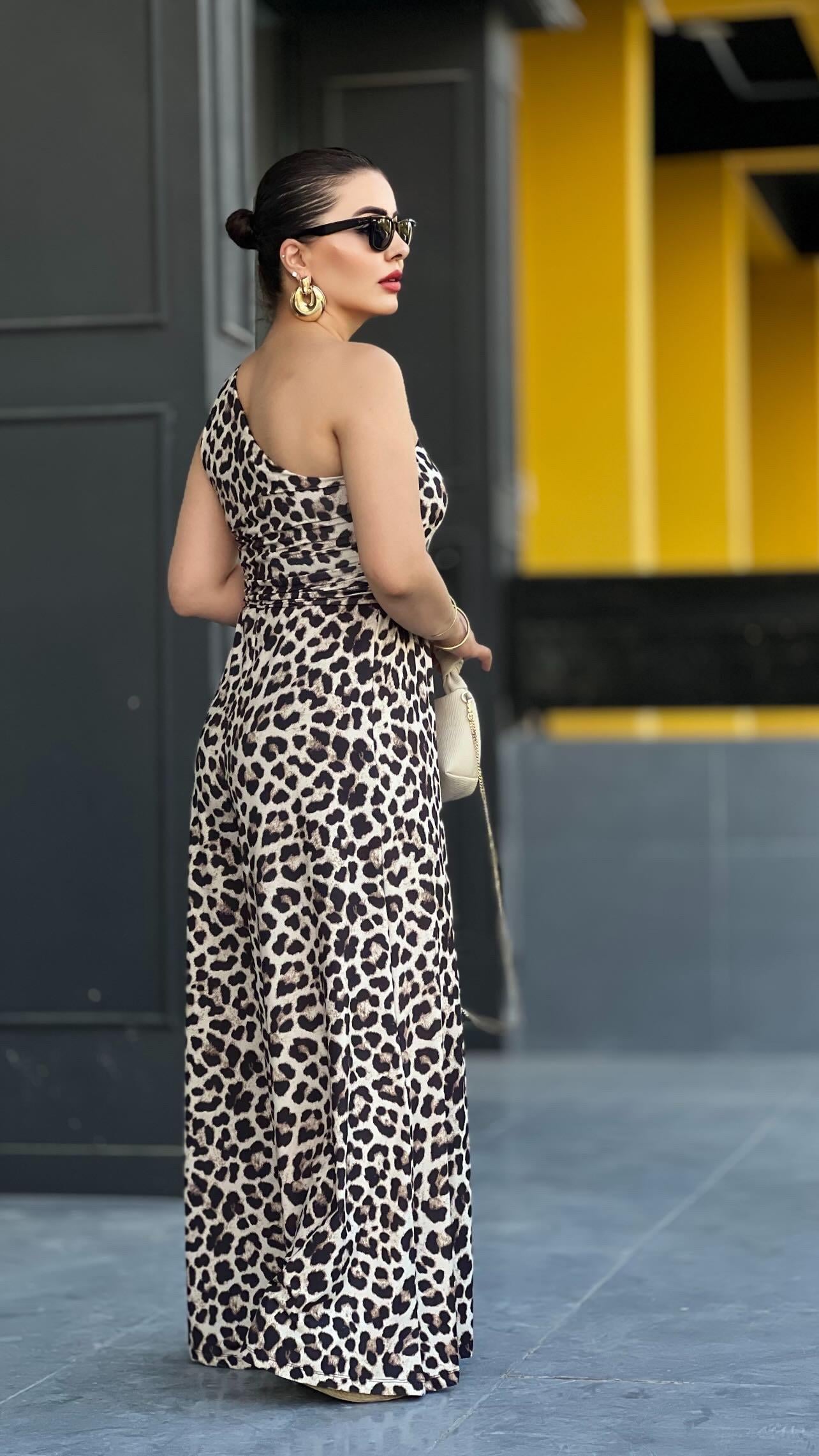 Leopar Desenli Tek Omuz Tulum 