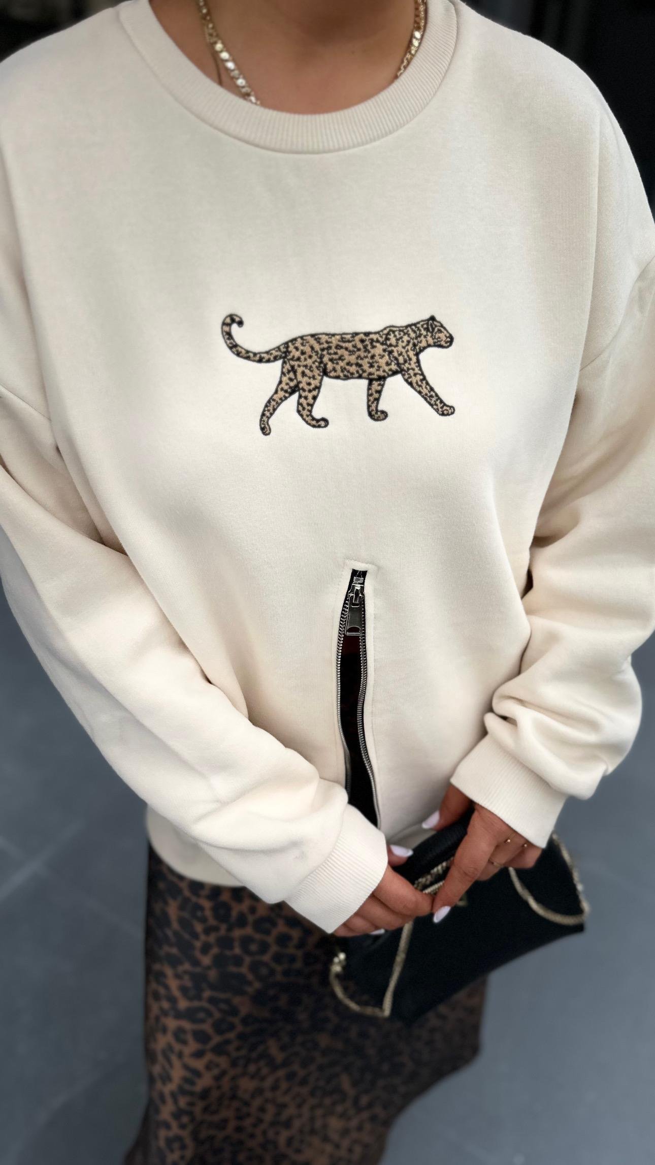 Leopar Nakışlı Fermuarlı Tasarım Sweatsihrt