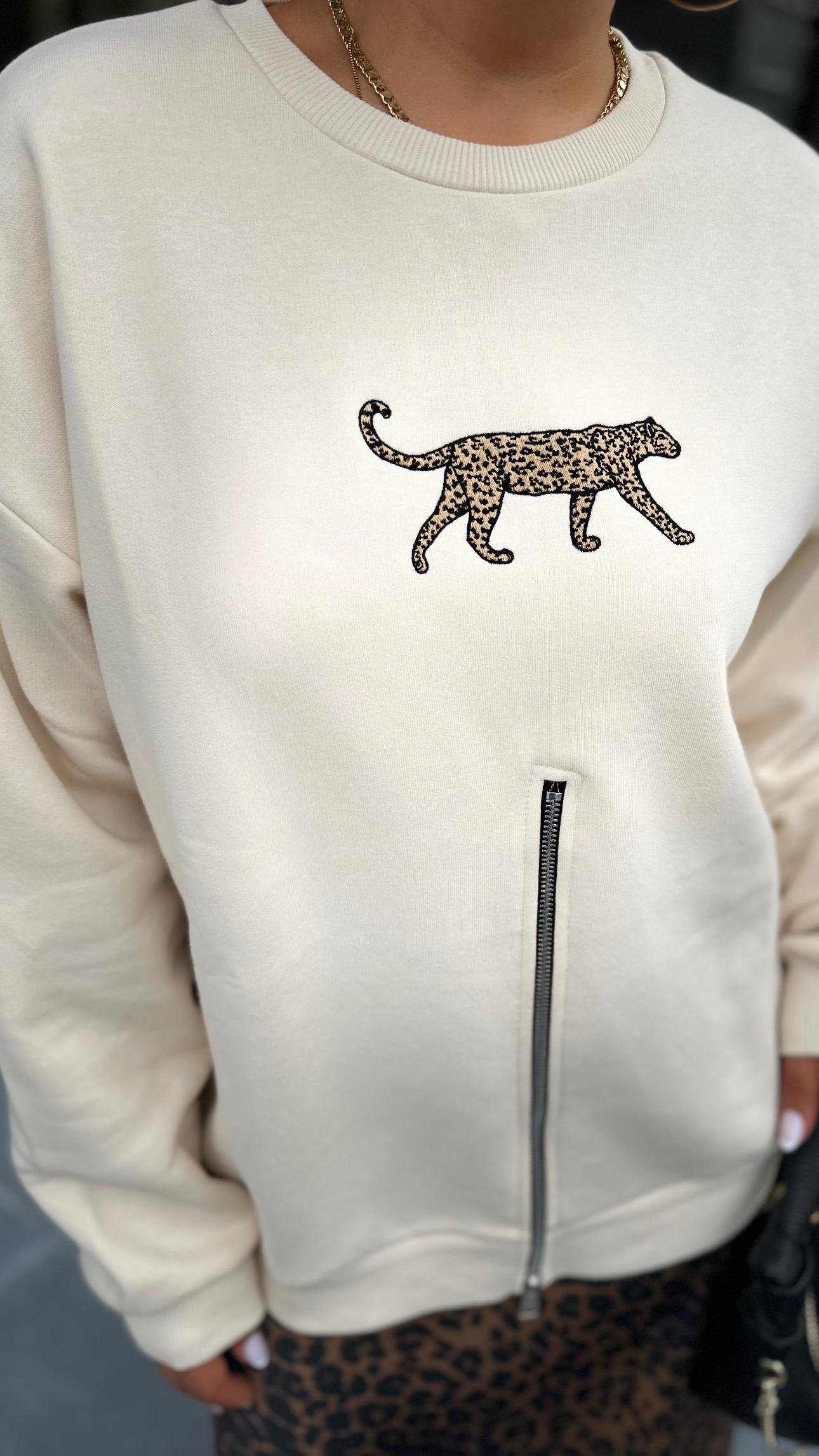 Leopar Nakışlı Fermuarlı Tasarım Sweatsihrt