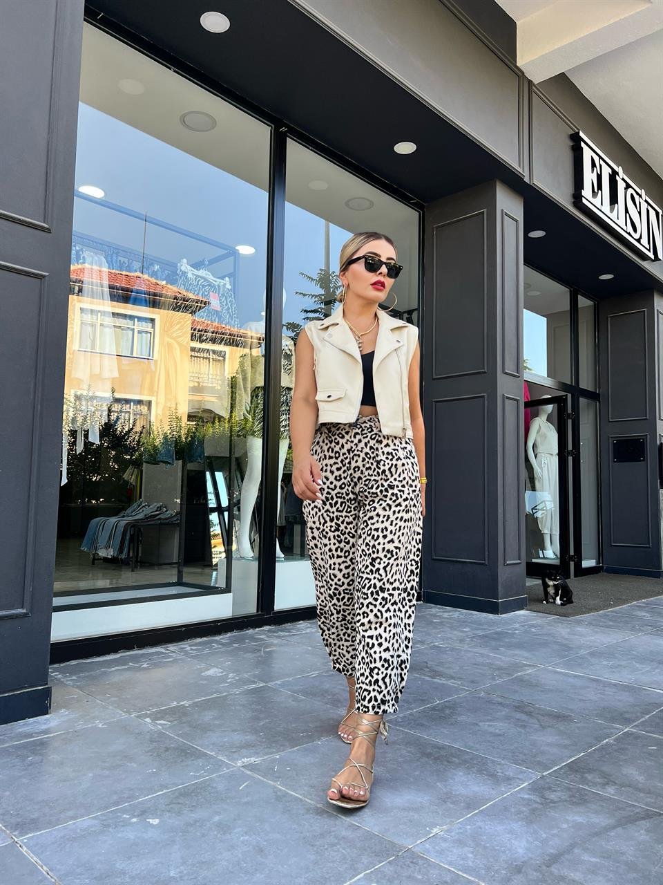 Leopar Paça Düğmeli Slouchy Pantolon