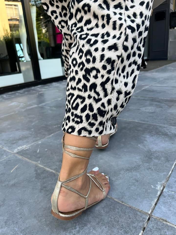 Leopar Paça Düğmeli Slouchy Pantolon