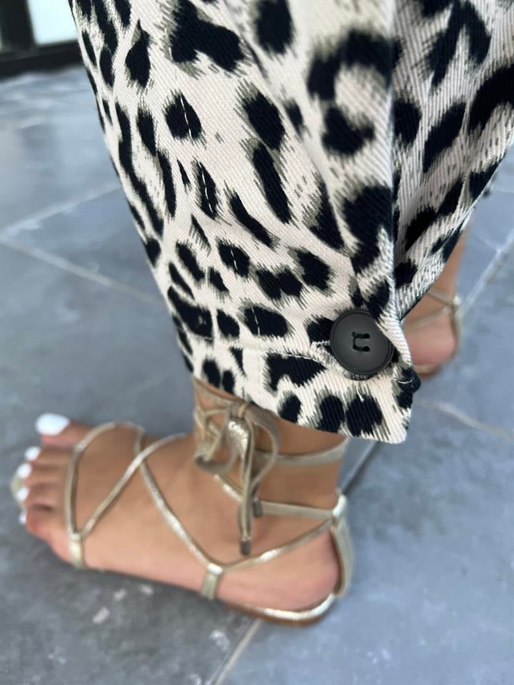 Leopar Paça Düğmeli Slouchy Pantolon