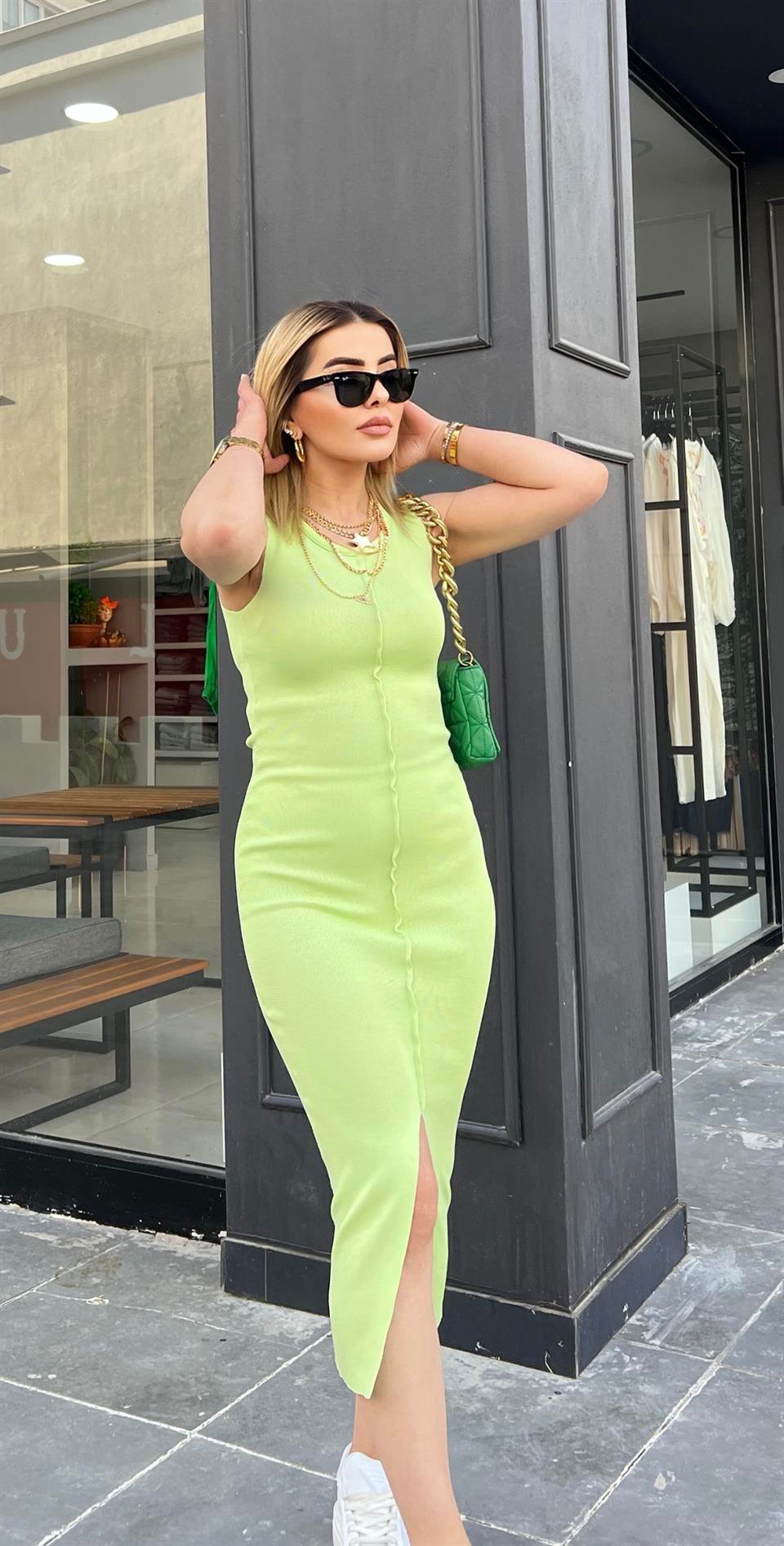 Lime Çelik Triko Çımalı Yırtmaçlı Elbise