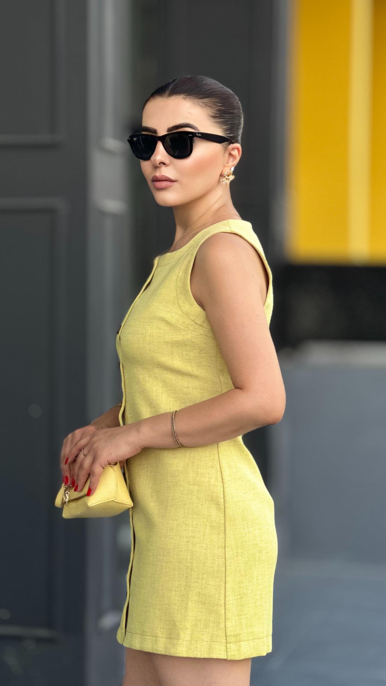 Lime Düğme Detaylı Mini Elbise