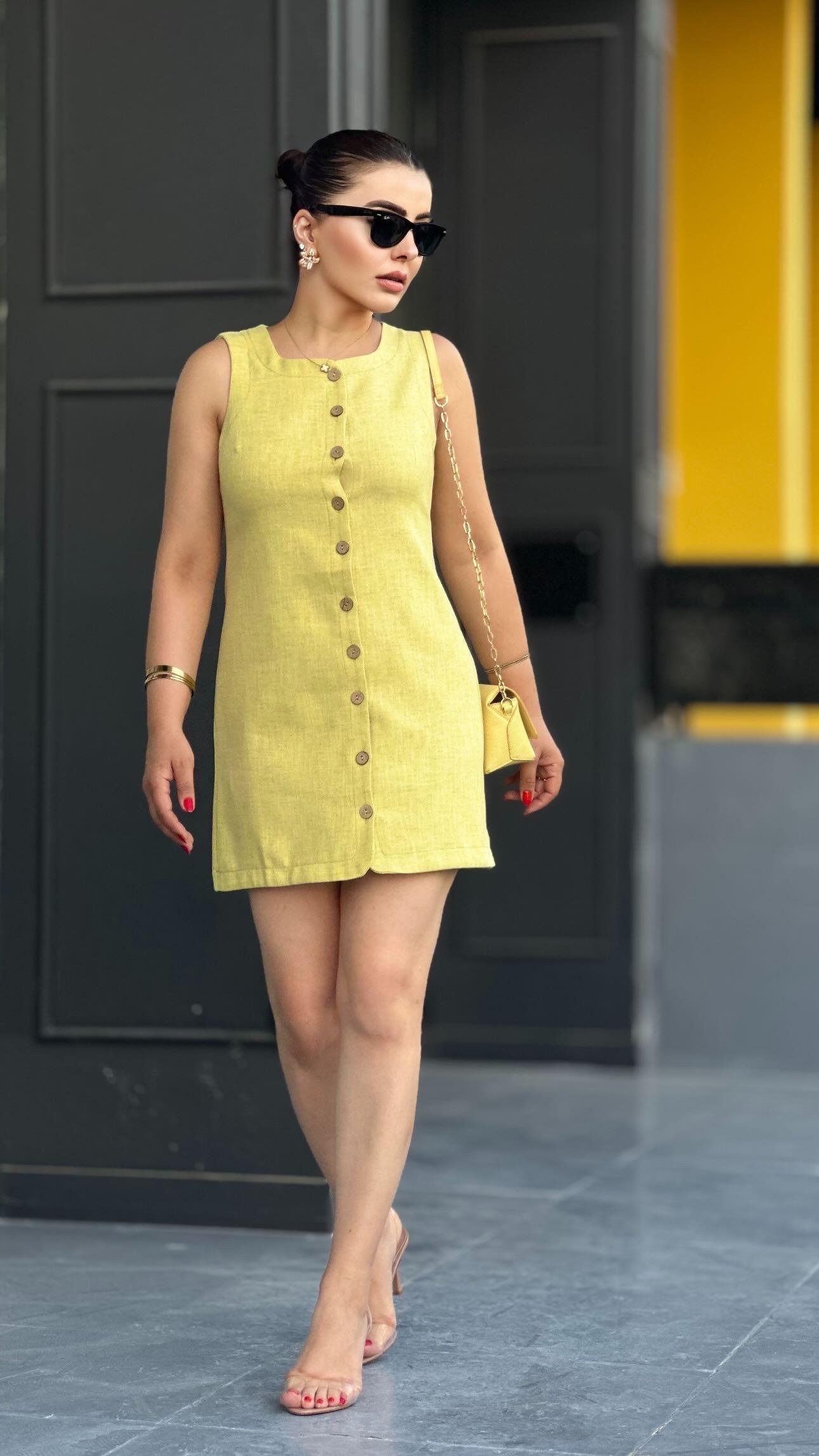 Lime Düğme Detaylı Mini Elbise