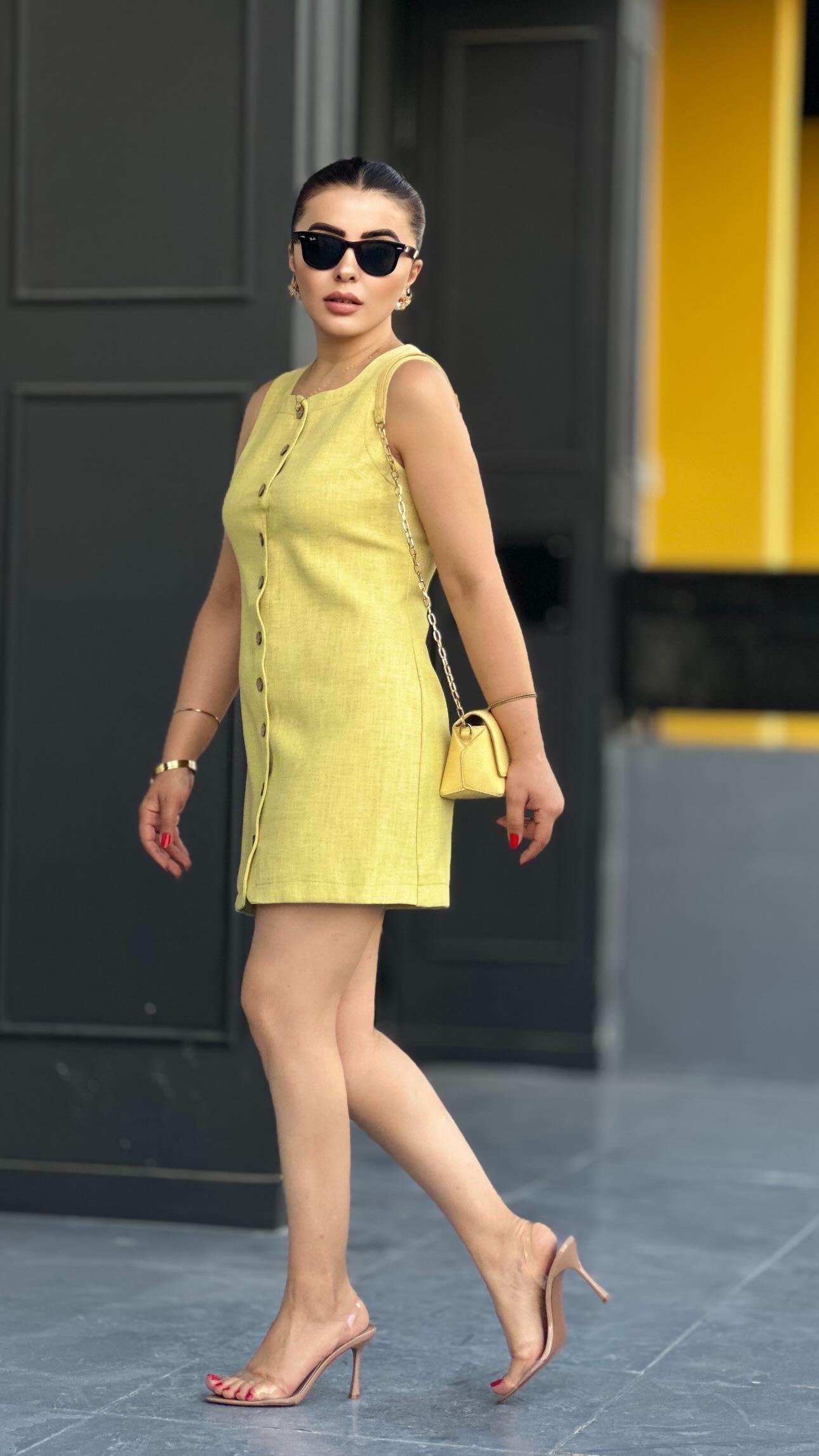 Lime Düğme Detaylı Mini Elbise