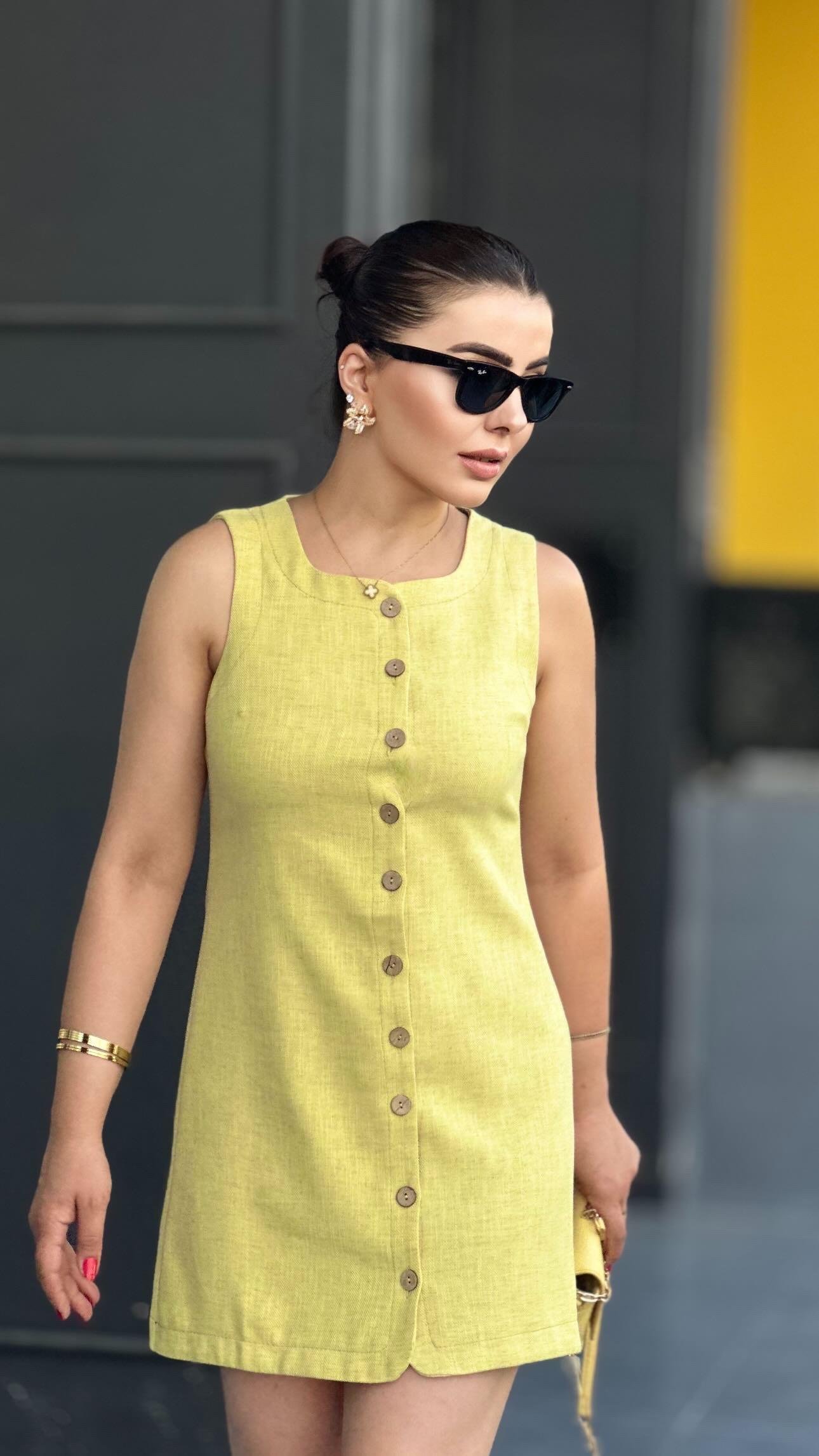 Lime Düğme Detaylı Mini Elbise