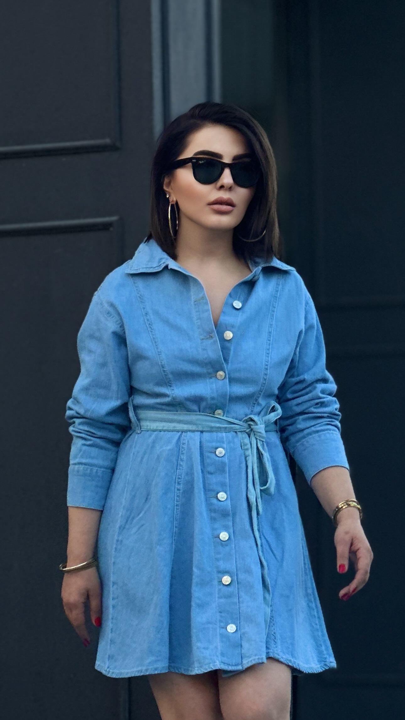 Marka Model Kuşak Detaylı Denim Elbise 