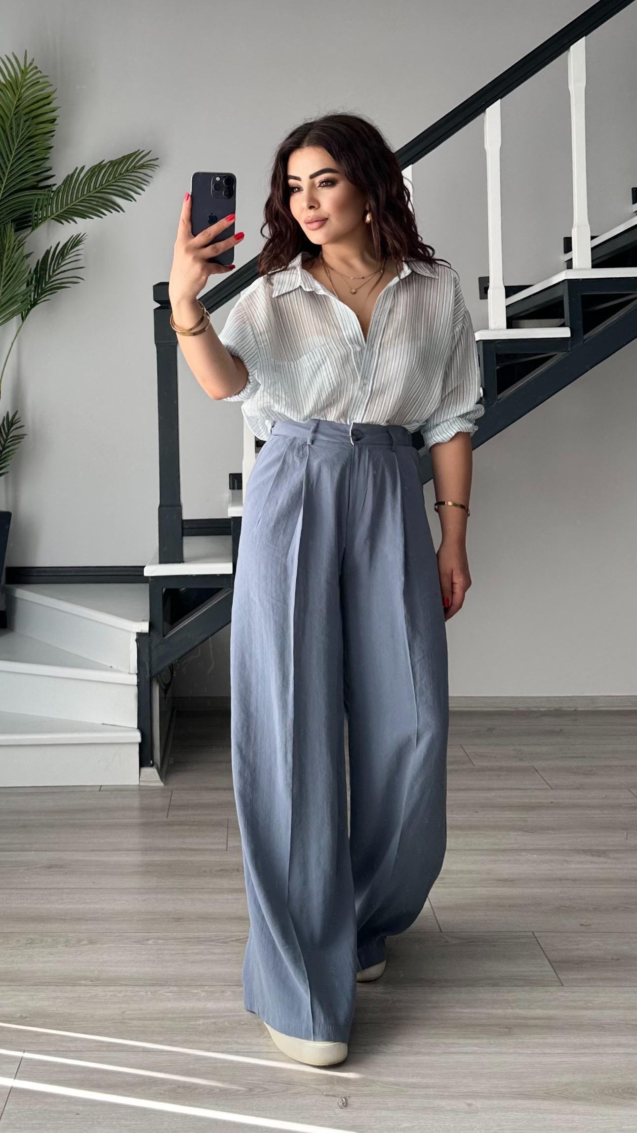 Mavi Boydan Çizgili Oversize Gömlek