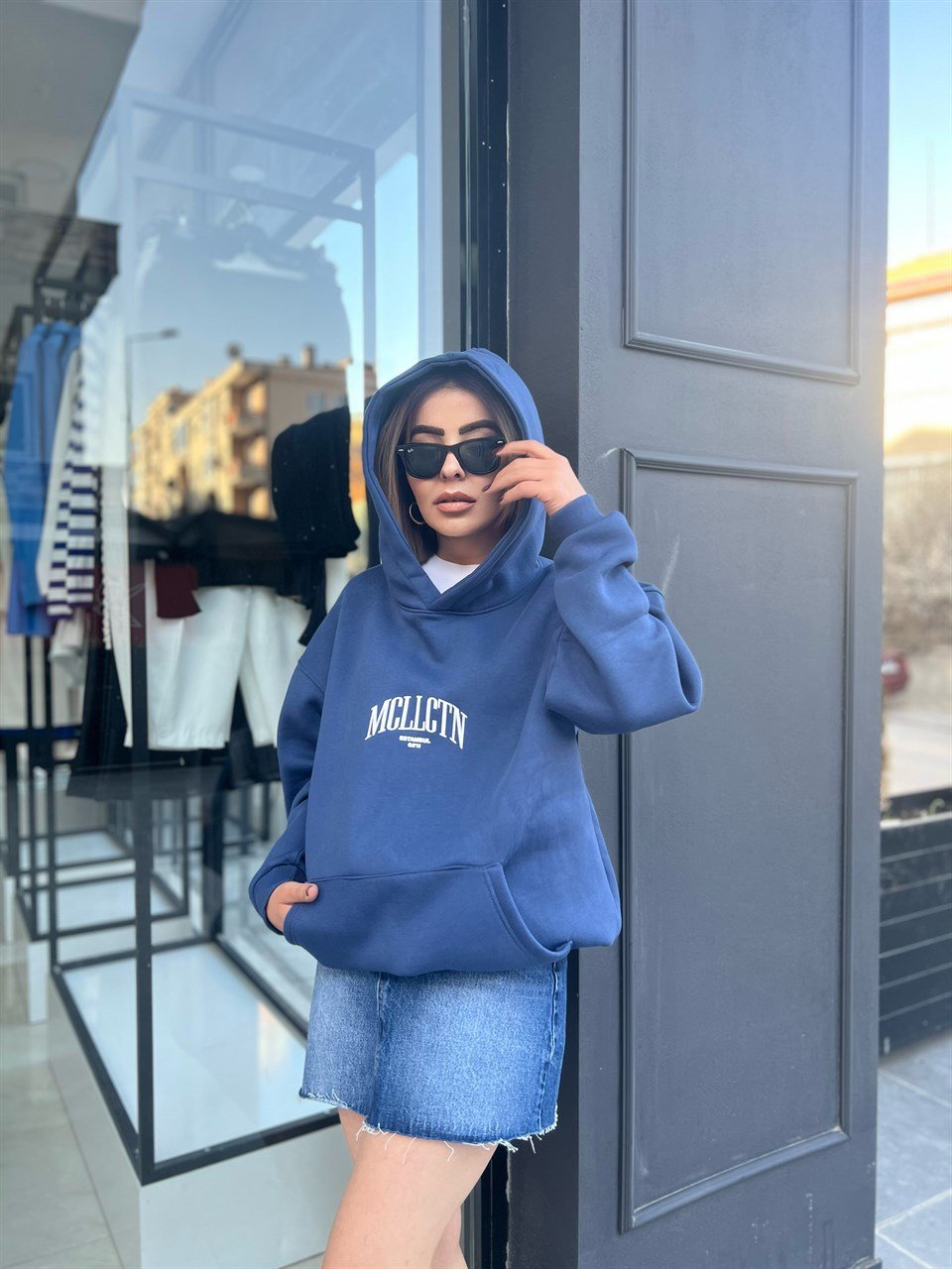 Mavi Kapüşonlu Unisex Oversize Sweat