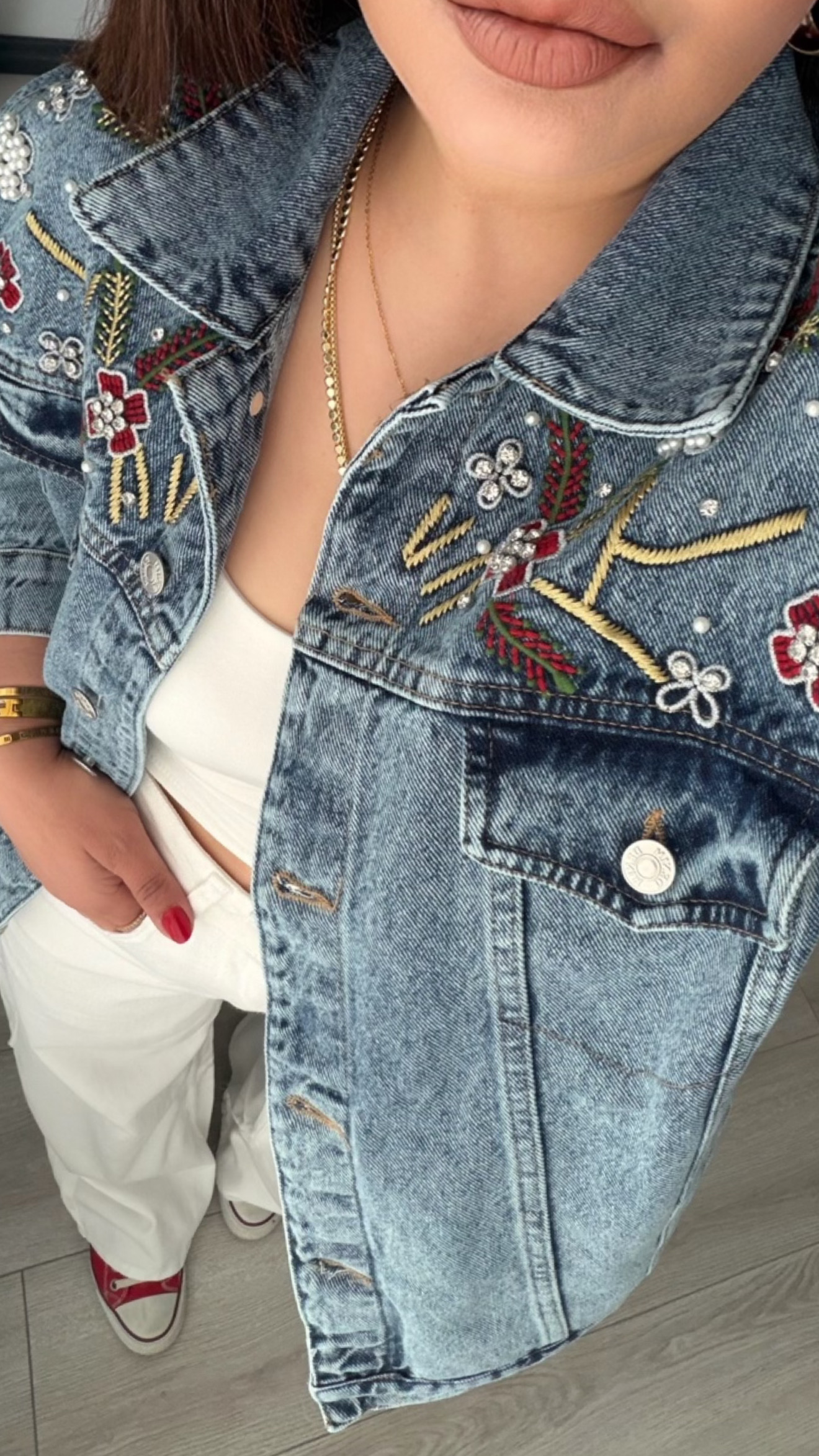 Mavi Taşlı-Nakış İşlemeli Denim Ceket