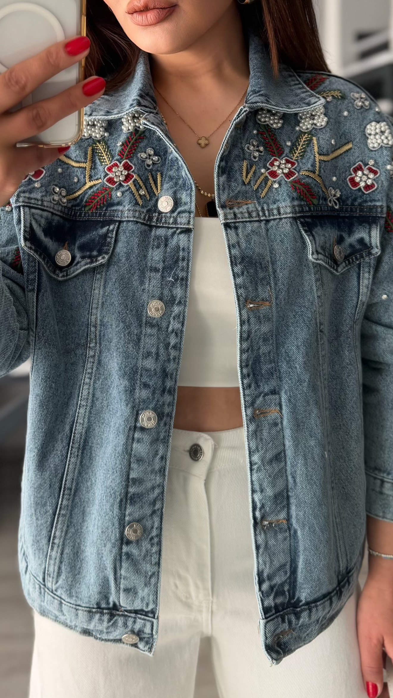 Mavi Taşlı-Nakış İşlemeli Denim Ceket