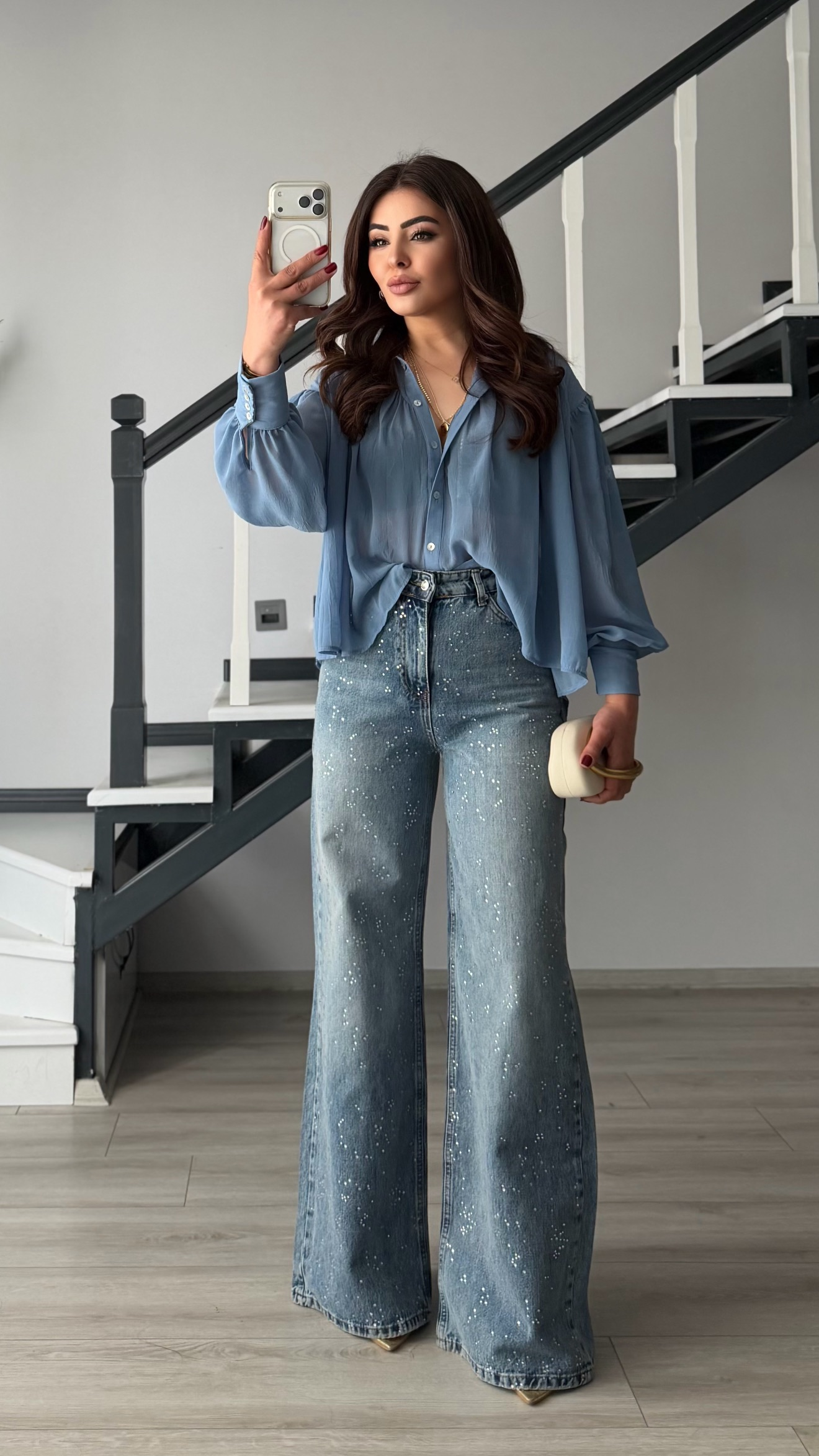 Mavi Taşlı Wide Leg Jean
