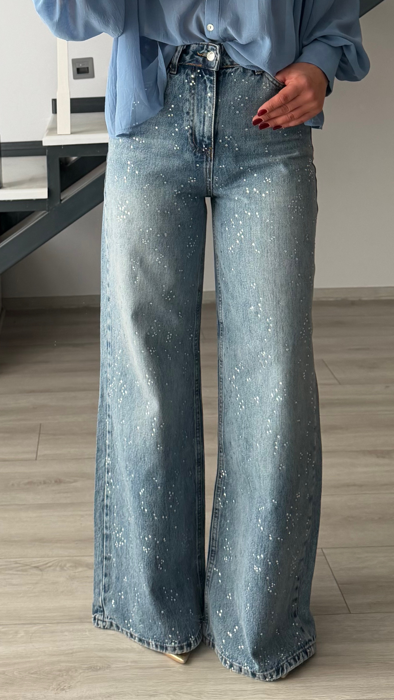 Mavi Taşlı Wide Leg Jean