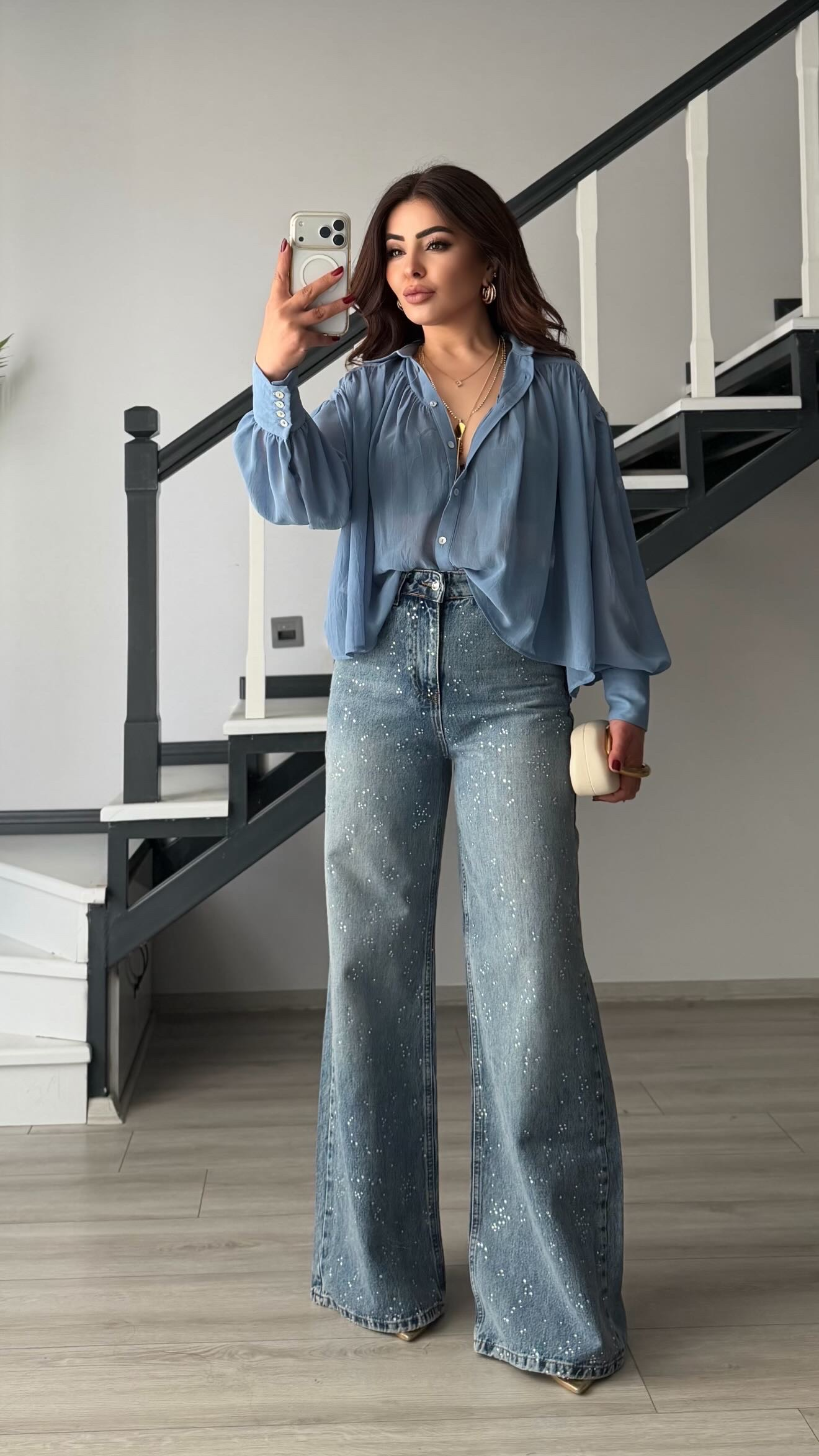 Mavi Taşlı Wide Leg Jean