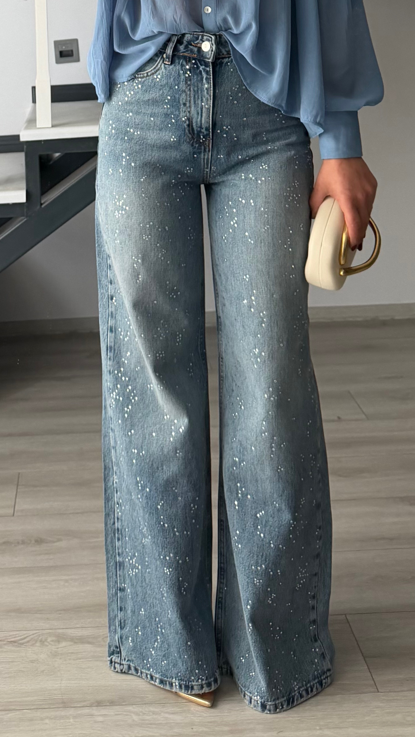 Mavi Taşlı Wide Leg Jean