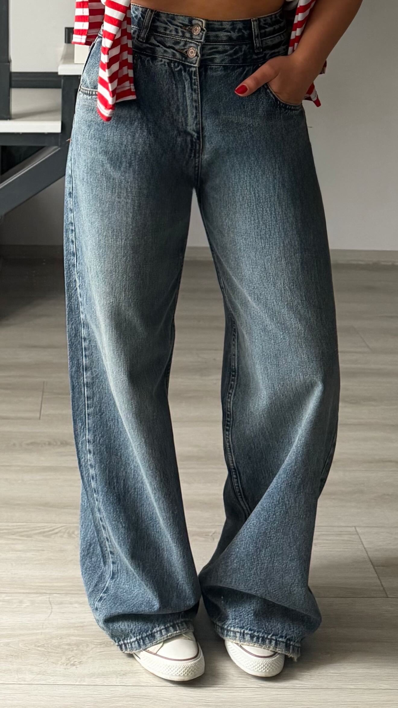 Mavi Yıkamalı Çift Düğme Baggy Jean