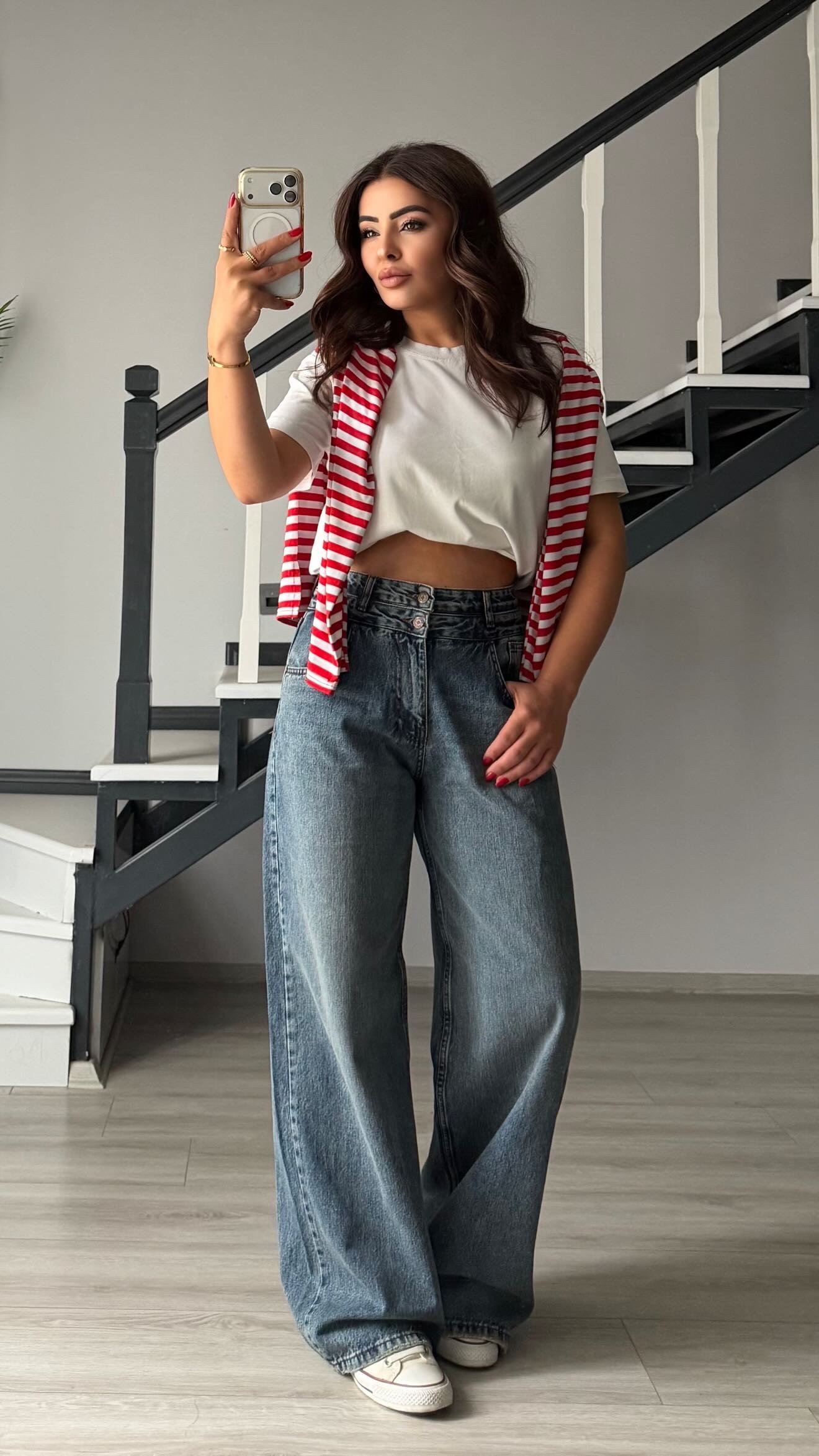 Mavi Yıkamalı Çift Düğme Baggy Jean