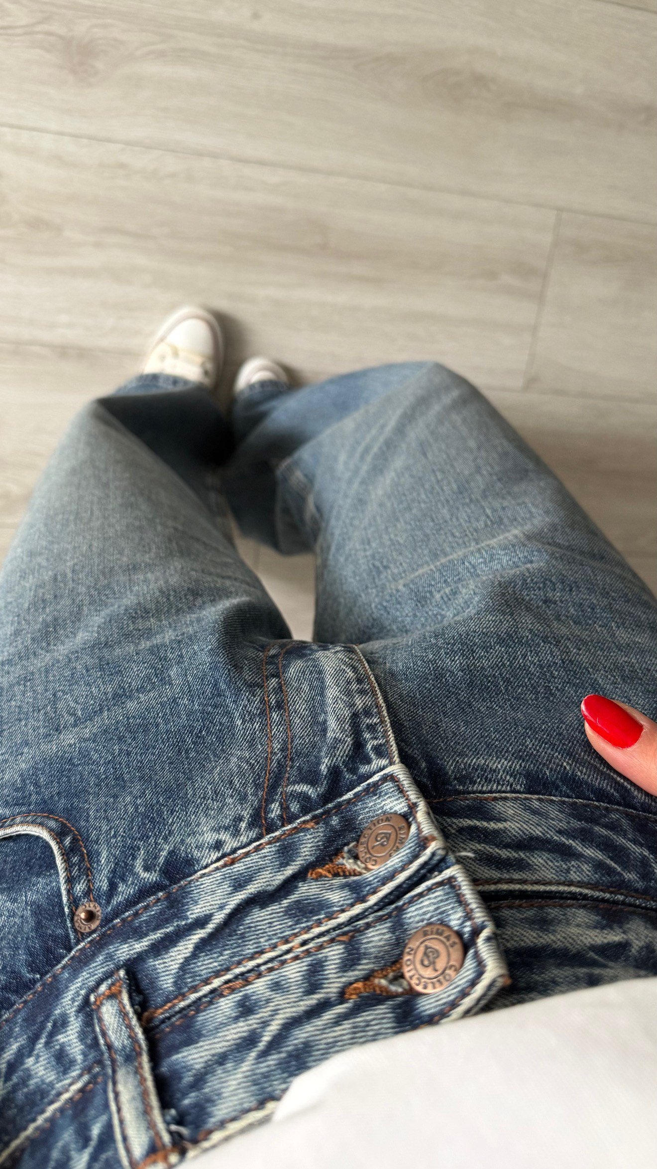 Mavi Yıkamalı Çift Düğme Baggy Jean
