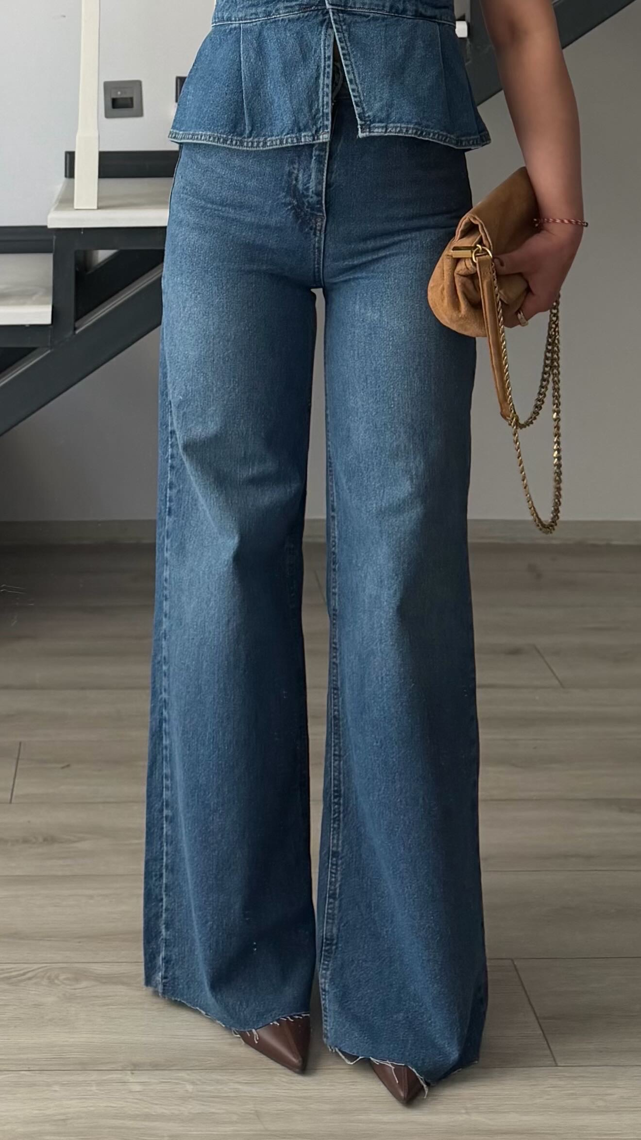 Mavi Yıkamalı Wide Leg Jean