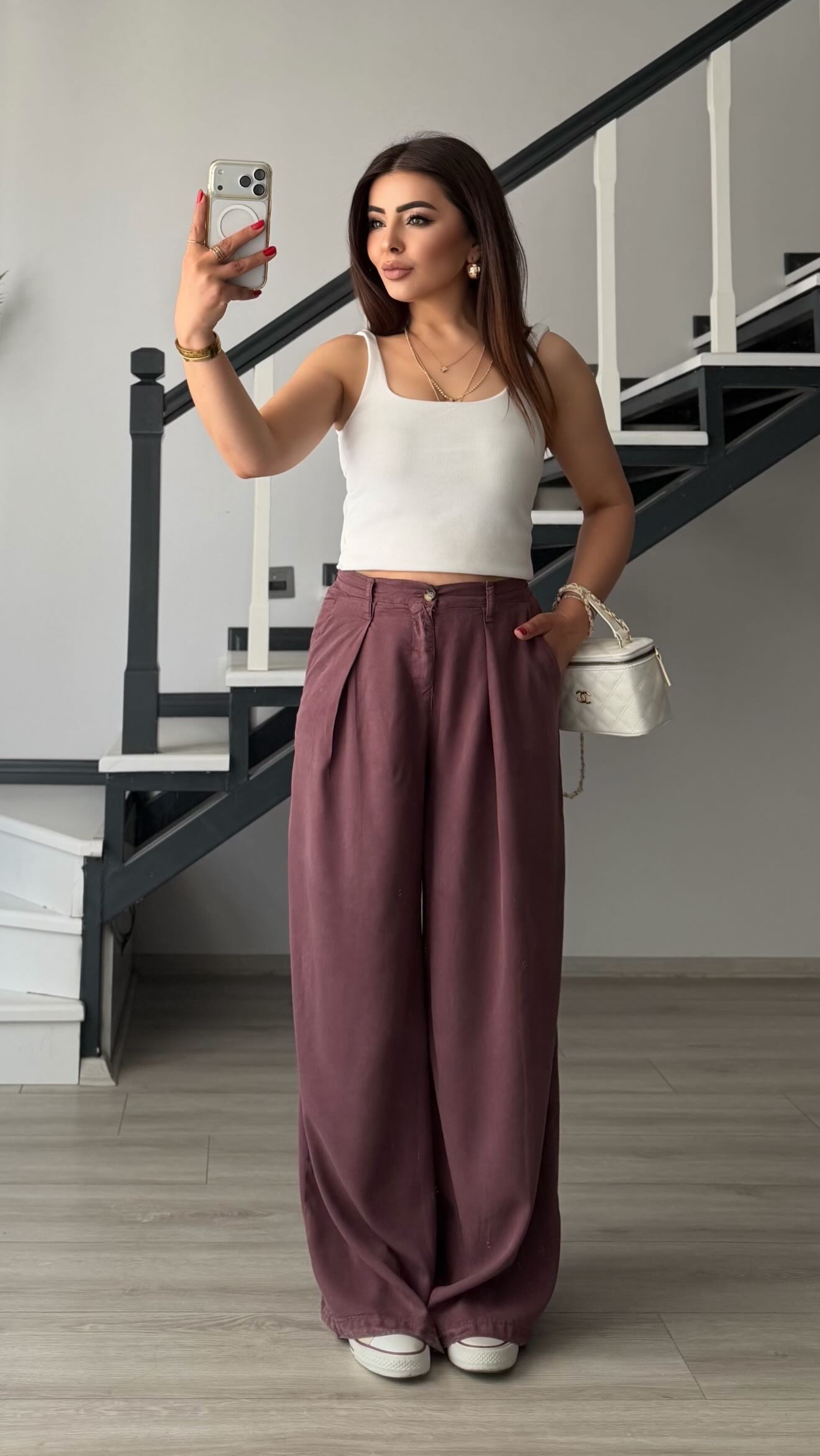 Mürdüm Bel Lastikli Tensl Pantolon