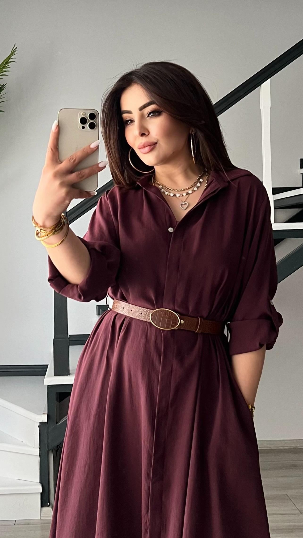 Mürdüm Modal Kumaş Gömlek Elbise 