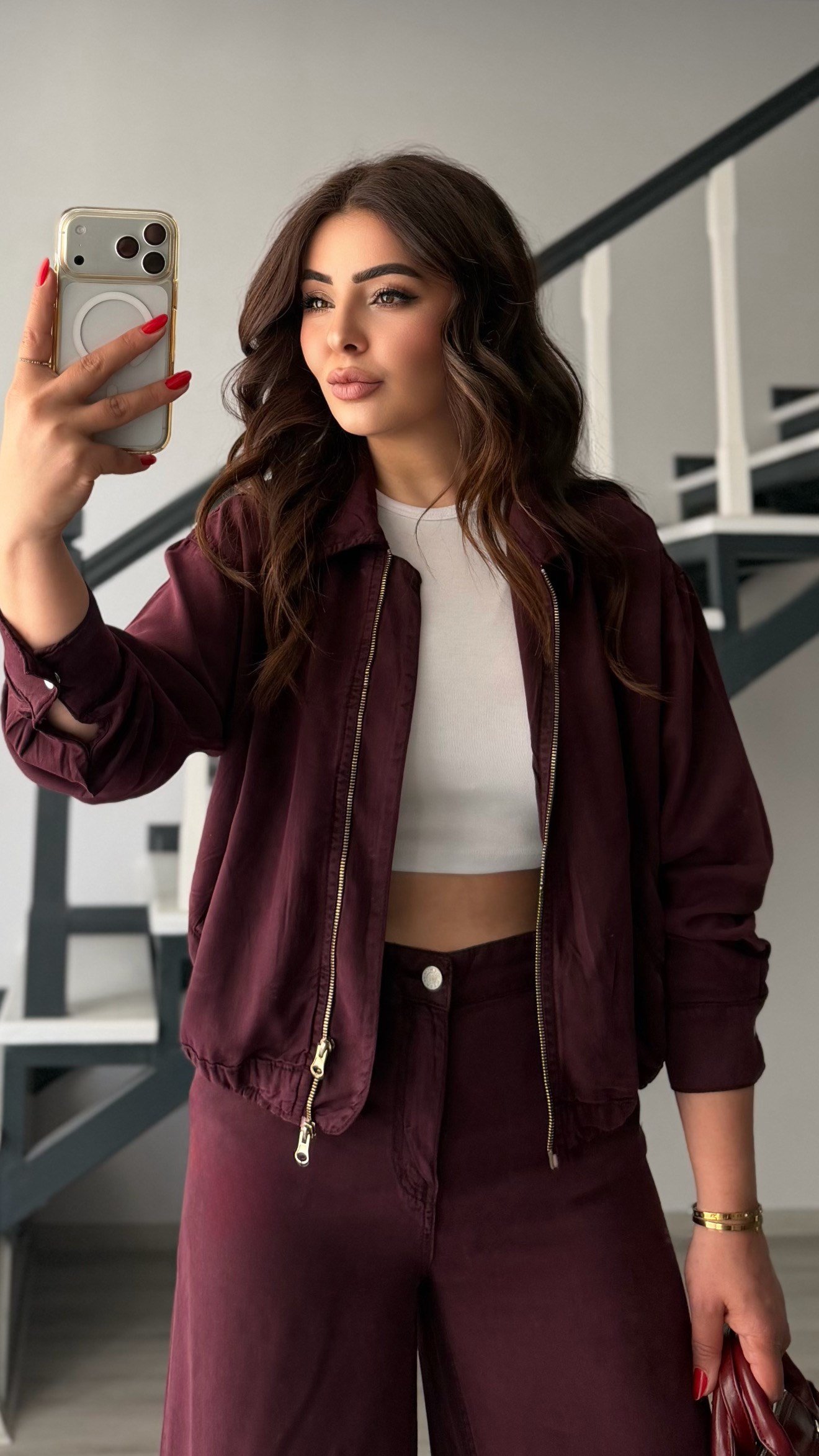 Mürdüm Tencel Bomber Ceket-Pantolon Takım
