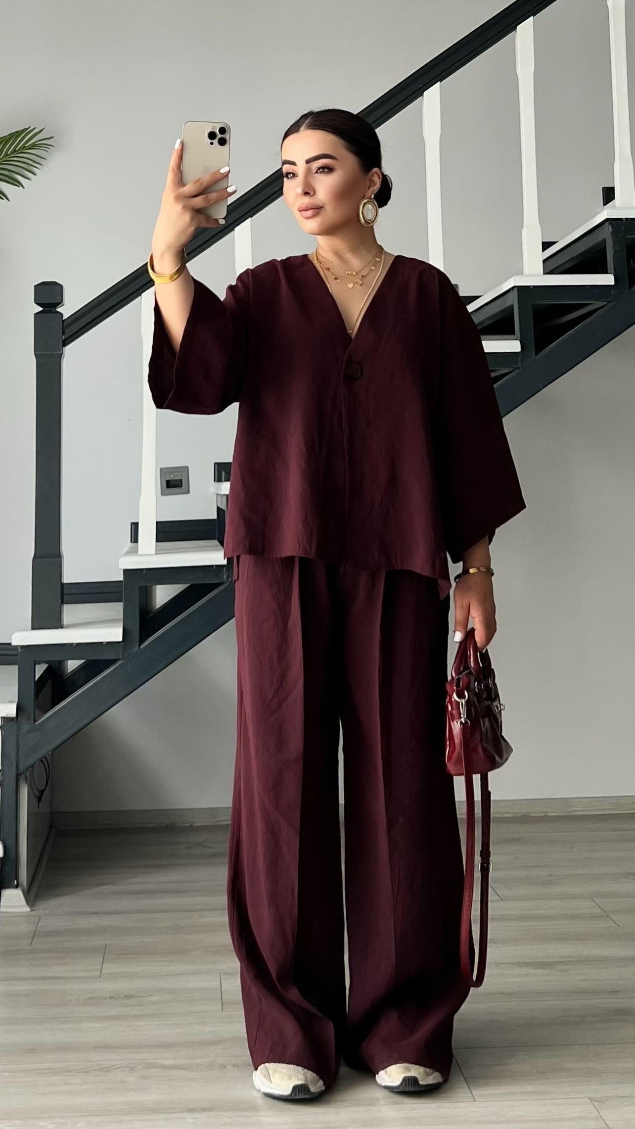 Mürdüm Tnsel Tek Düğme Bluz-Pantolon Takım